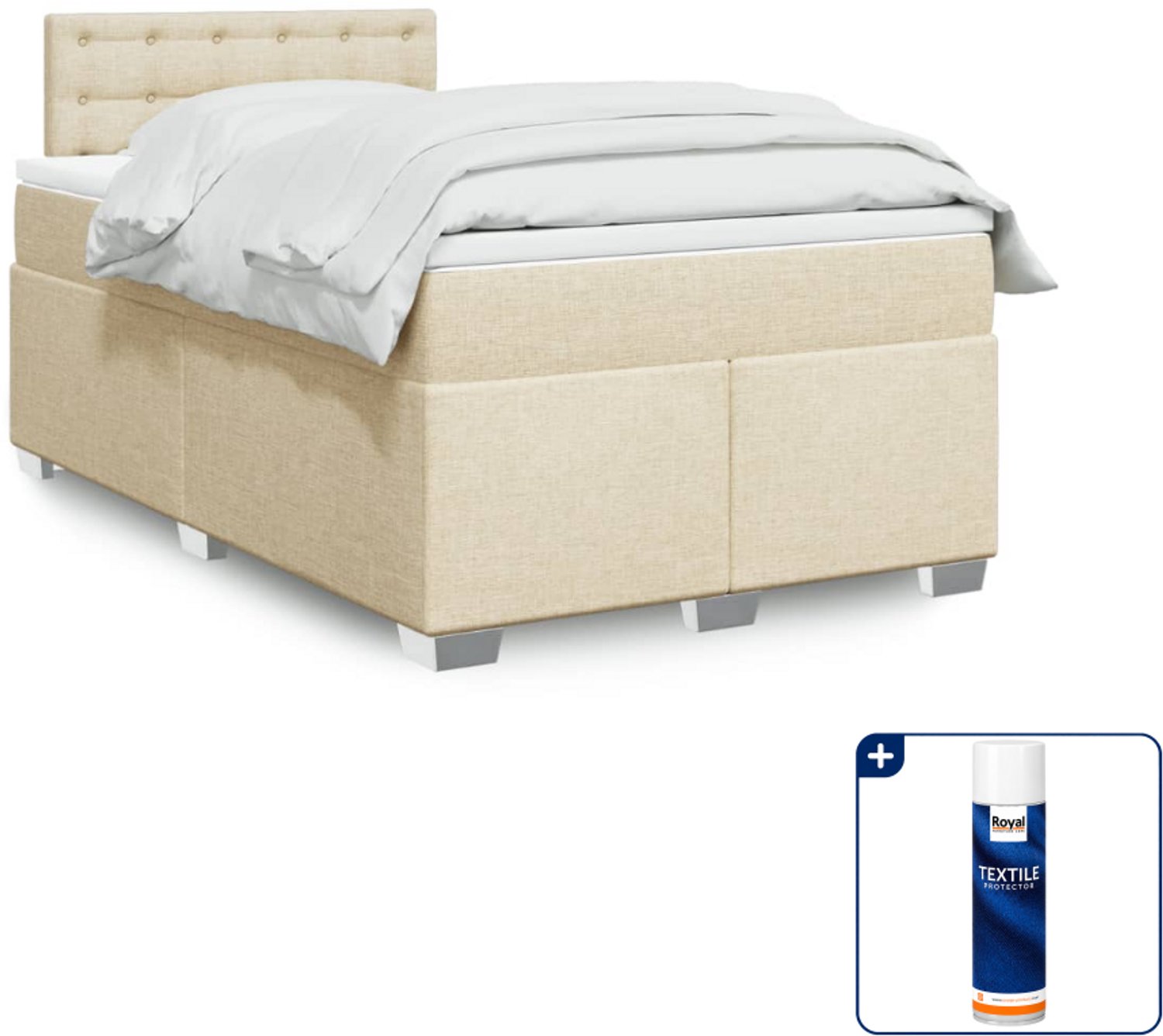 vidaXL boxspring met matras - 120 x 190 cm - stof - crèmekleurig - Inclusief textielbeschermer 500 ml