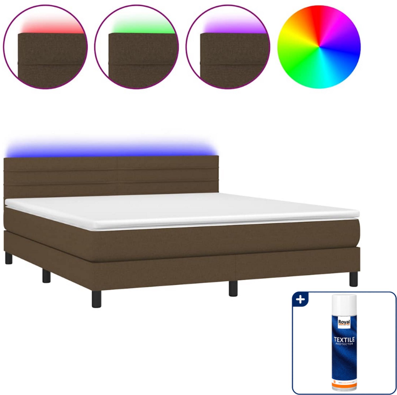 vidaXL boxspring met matras en LED - queensize - 160 x 200 cm - donkerbruin - Inclusief textielbeschermer 500 ml