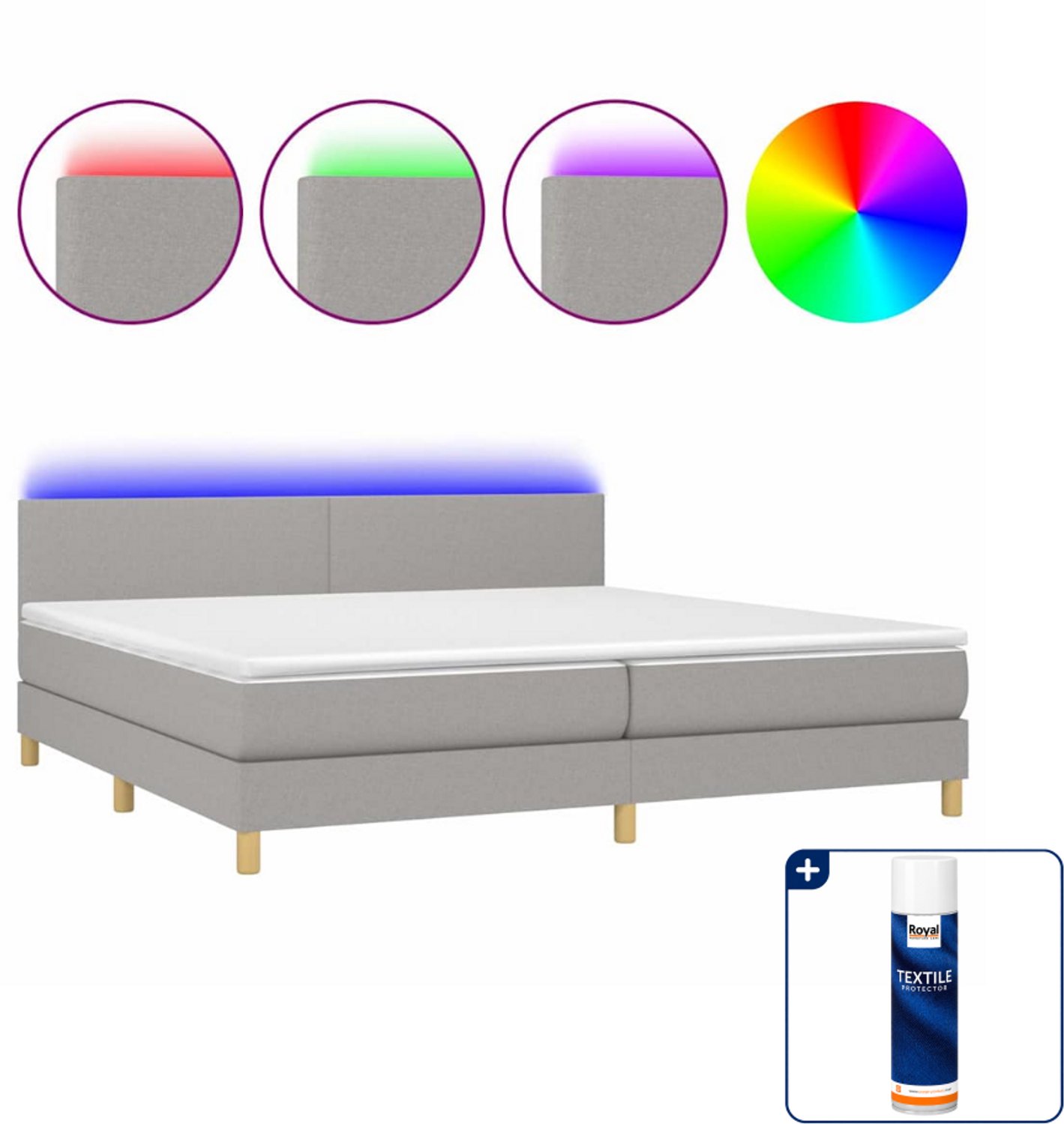 vidaXL Super kingsize boxspring met matras en LED - lichtgrijs - Inclusief textielbeschermer 500 ml