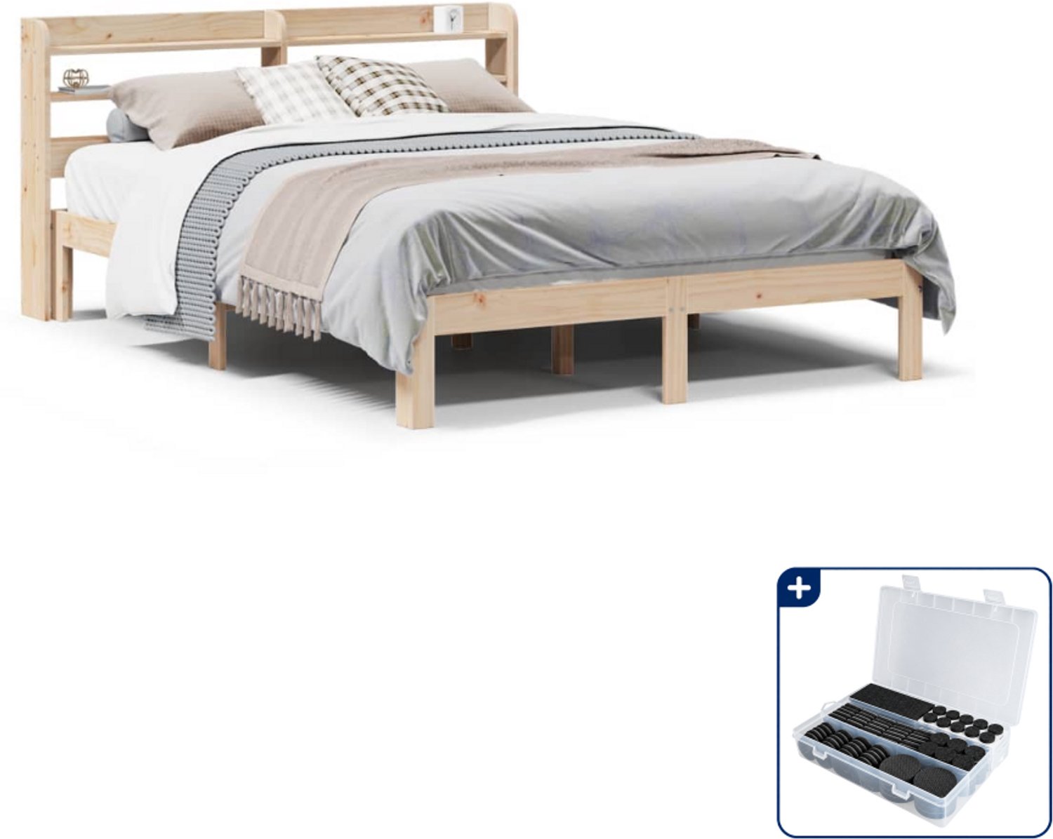 vidaXL Bedframe met hoofdbord - 150 x 200 cm - massief grenenhout - Inclusief antikrasvilt 177-delig Bruin