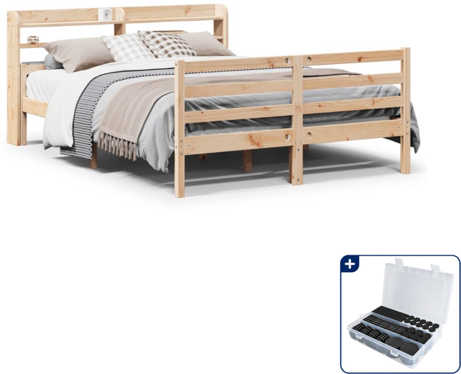 vidaXL bedframe met hoofdbord - 150 x 200 cm - massief grenenhout - Inclusief antikrasvilt 177-delig Bruin