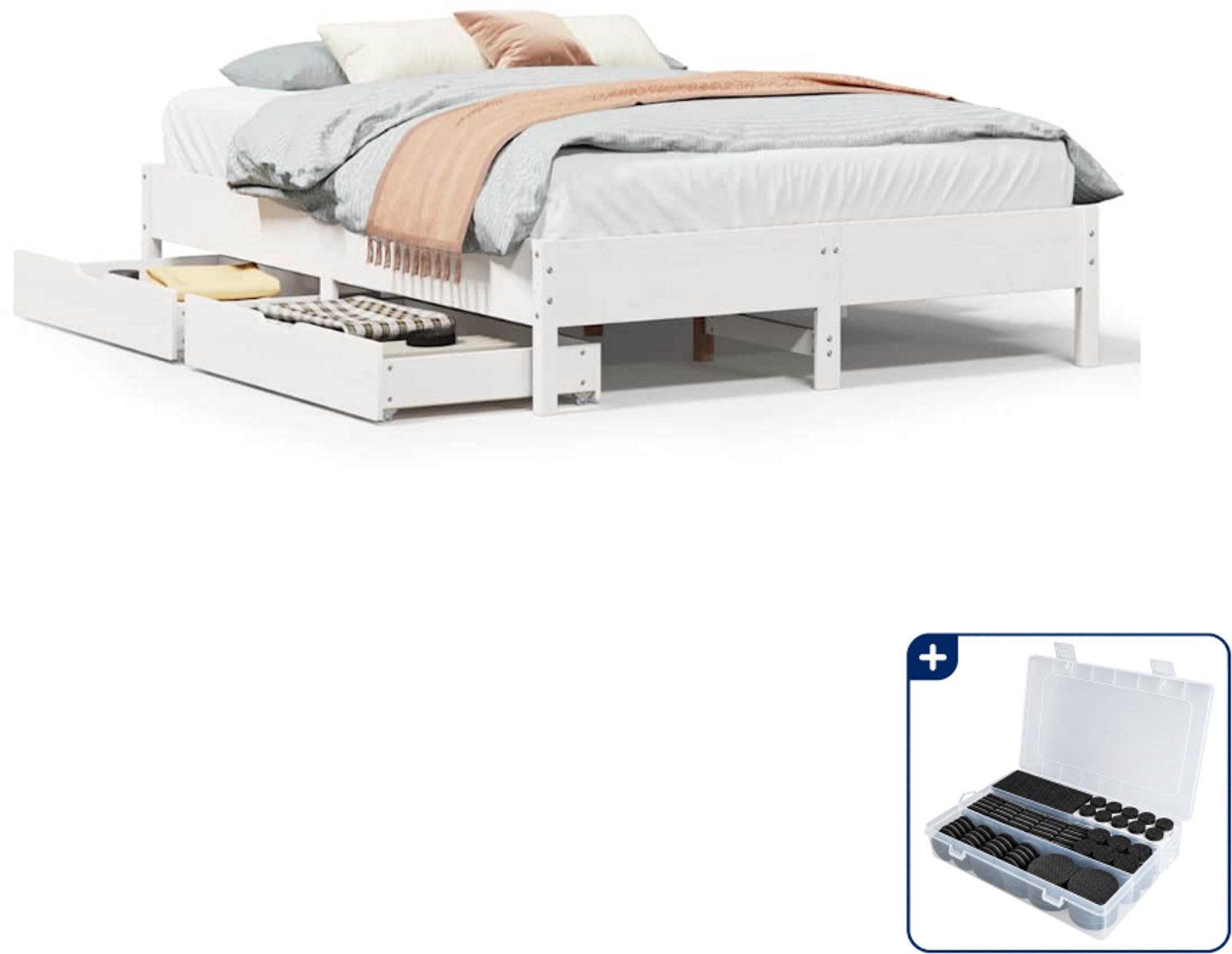 vidaXL bedframe met 2 lades - 140 x 190 cm - massief grenenhout - wit - Inclusief antikrasvilt 177-delig