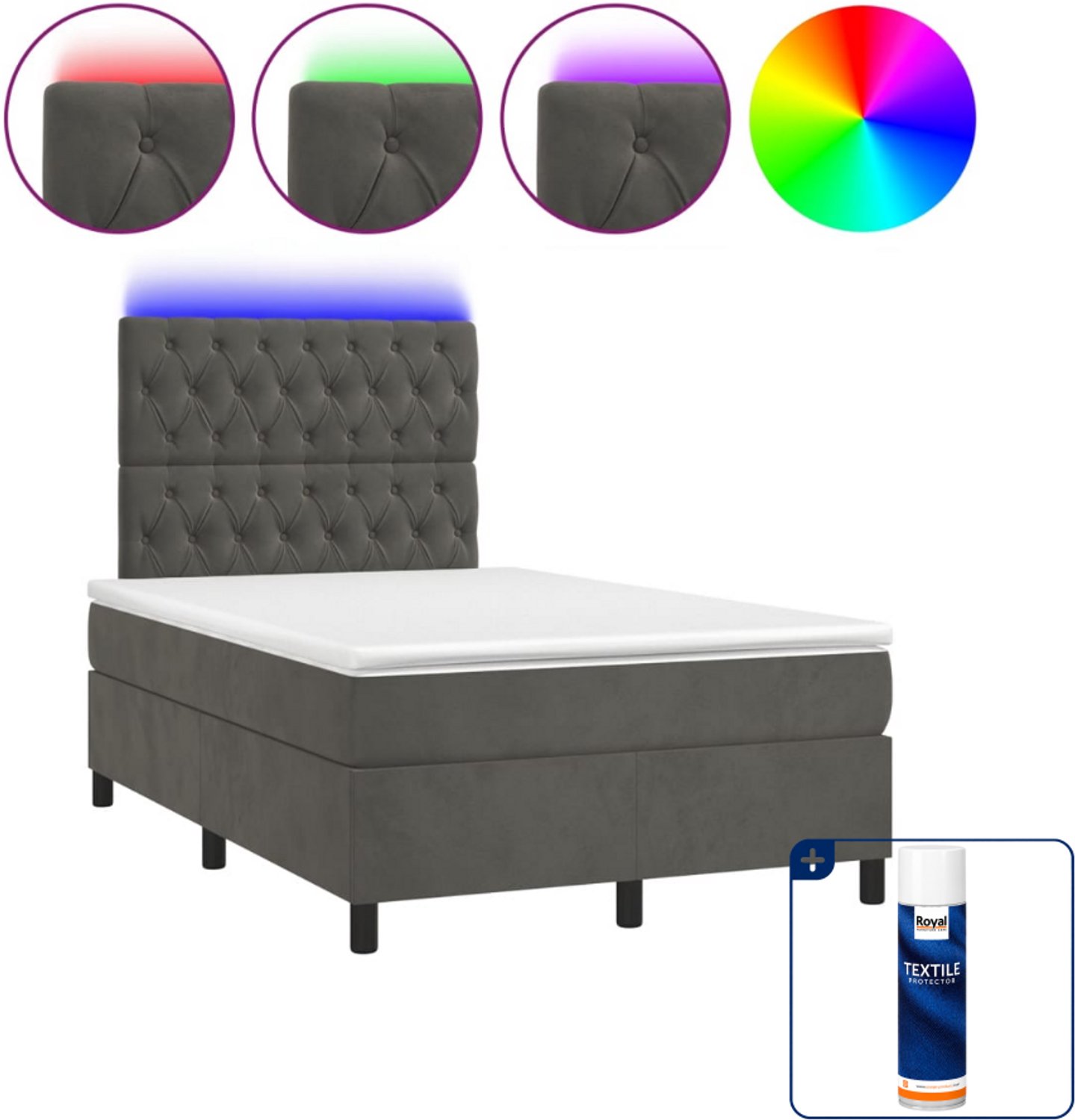 vidaXL boxspring met matras en LED - 120 x 190 cm - fluweel - donkergrijs - Inclusief textielbeschermer 500 ml