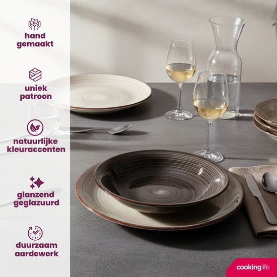 Cookinglife Serviesset Delice Grijs 18-delig - 6 Personen - Bevat 6 Dinerborden, 6 Diepe Borden en 6 Ontbijtborden - Aardewerk met Subtiele Grijze Glazuurlaag - Vaatwasser- en Magnetronbestendig - Tijdloos, Neutraal en Perfect voor Elke Tafelsetting — afbeelding 5