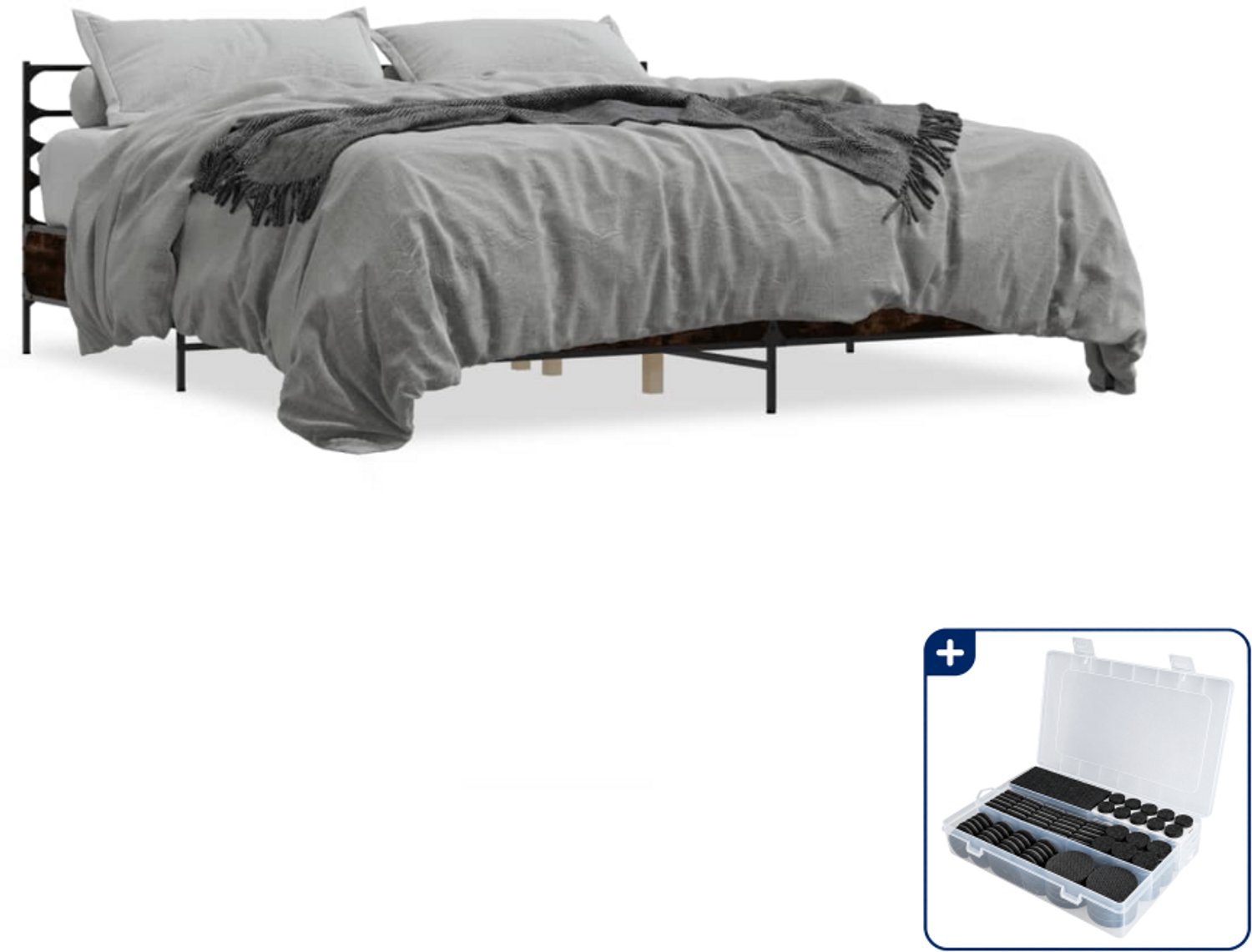 vidaXL Bedframe - Kingsize - 180 x 200 cm - gerookt eiken - Inclusief antikrasvilt 177-delig Grijs