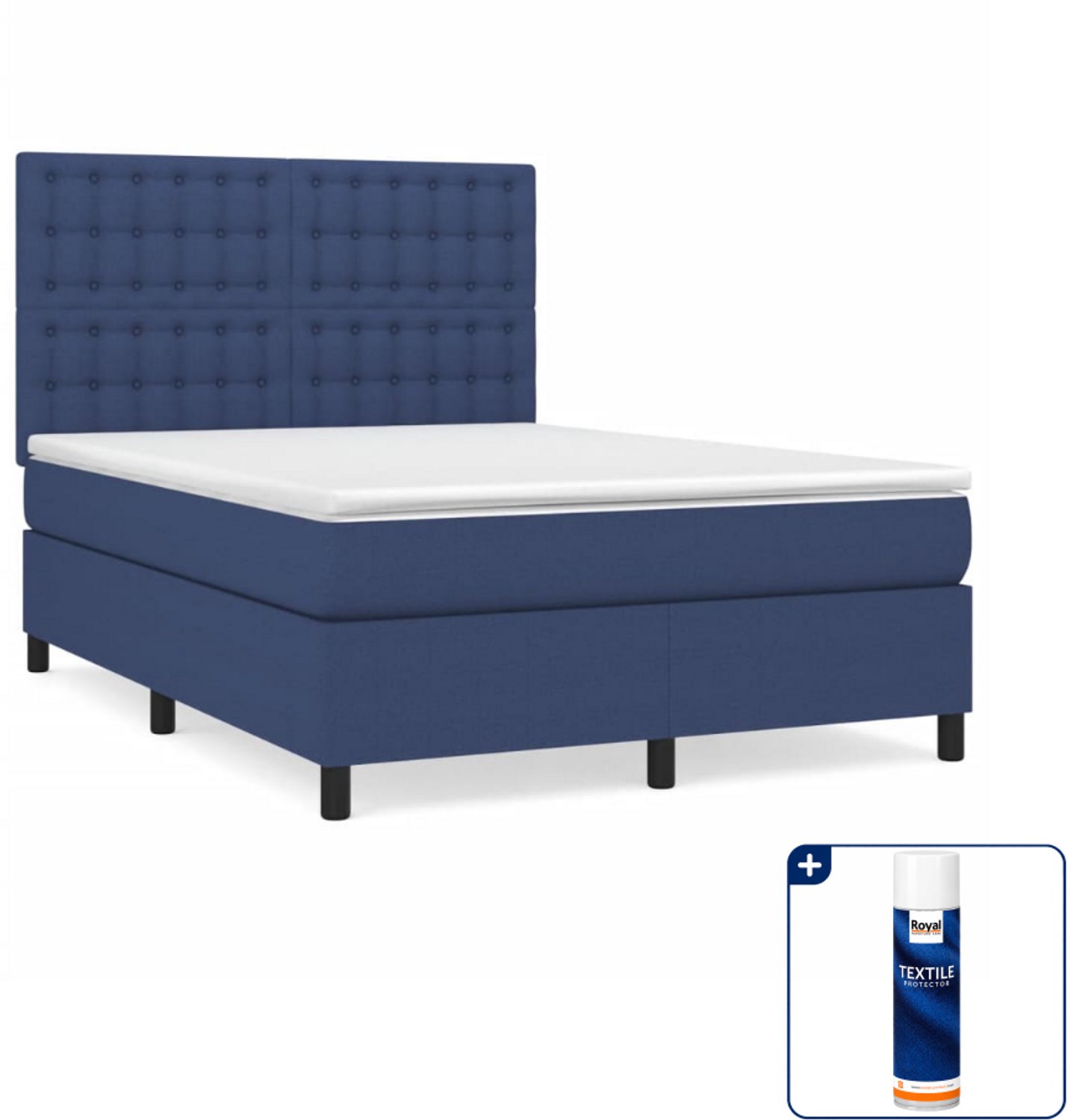 vidaXL Boxspring met matras - 140 x 190 cm - blauw - Inclusief textielbeschermer 500 ml