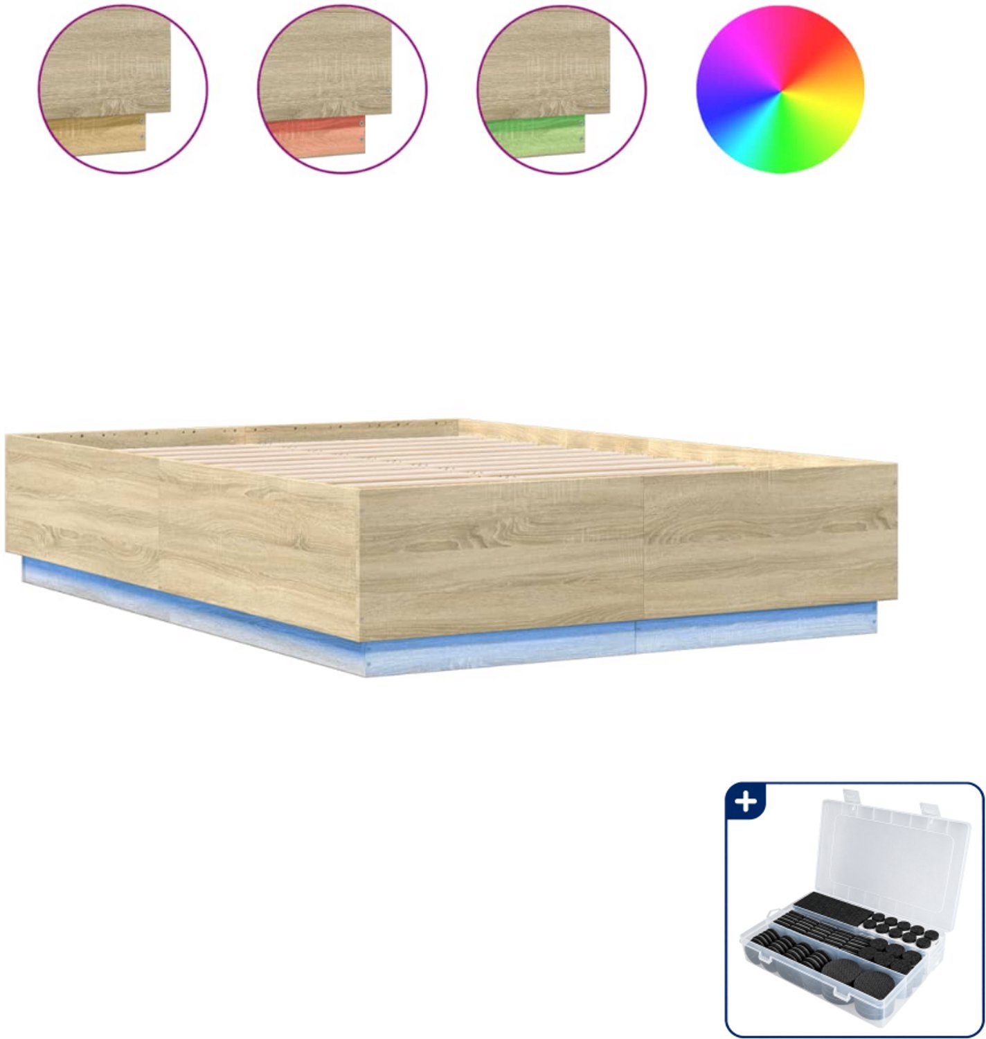 vidaXL bedframe met LED - 120 x 200 cm - bewerkt hout - sonoma eiken - Inclusief antikrasvilt 177-delig Bruin