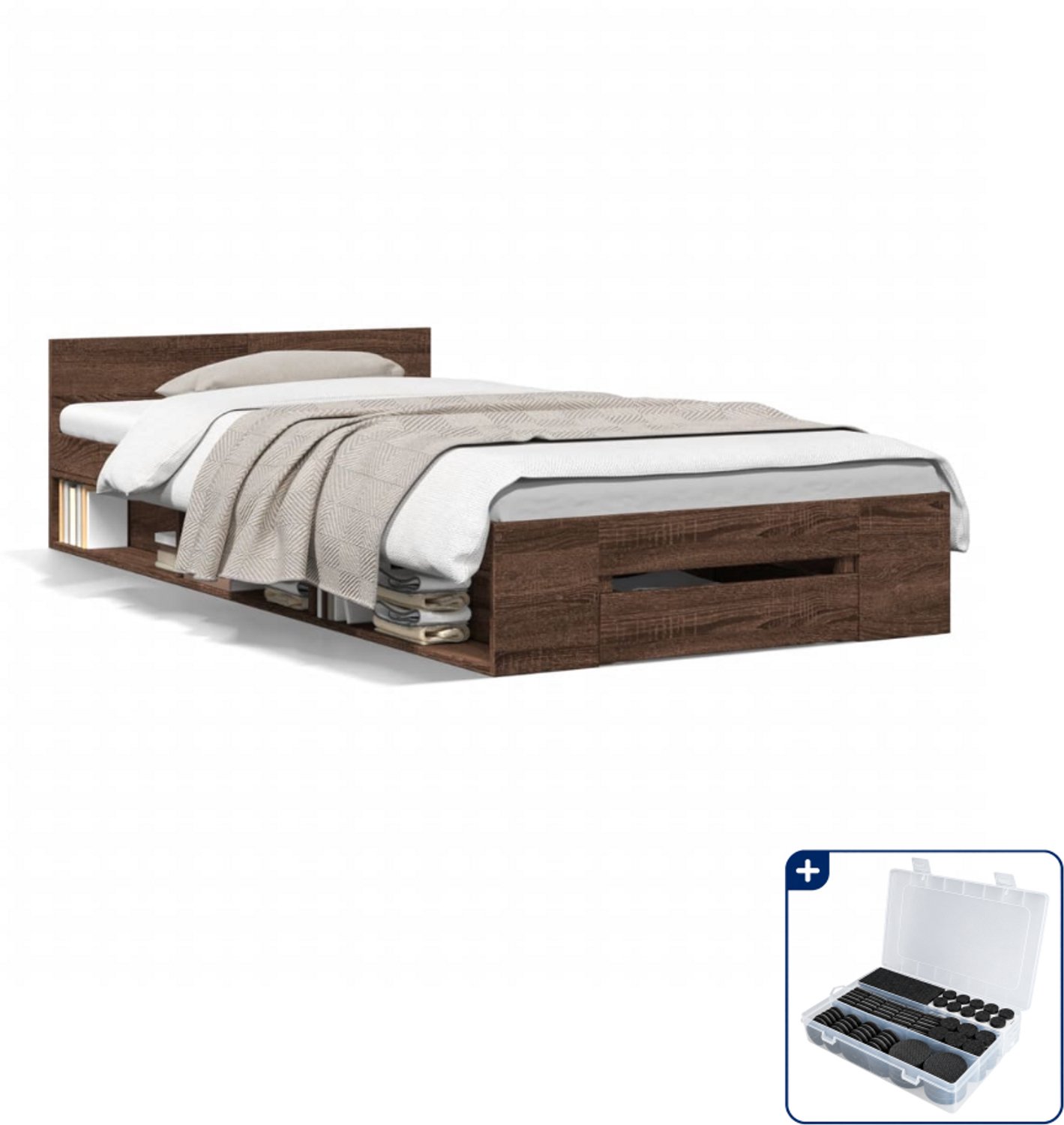 vidaXL bedframe - 75 x 190 cm - bewerkt hout - bruineiken - Inclusief antikrasvilt 177-delig Grijs
