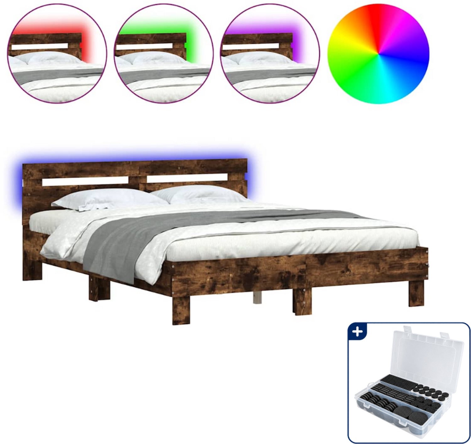 vidaXL bedframe met led - 140 x 190 cm - bewerkt hout - gerookt eiken - Inclusief antikrasvilt 177-delig Wit