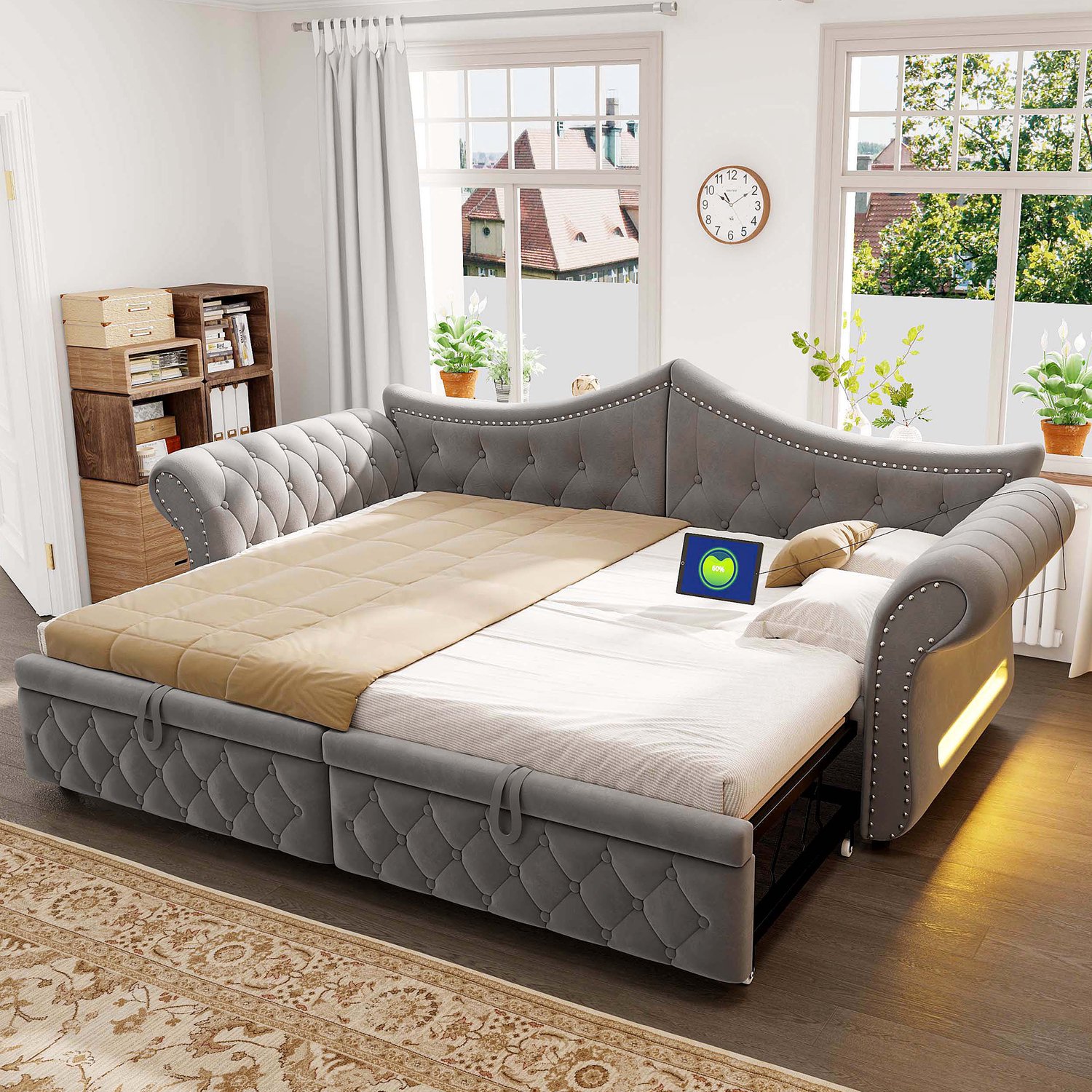 Zubaliya Dagbed - 90/180 x 200 cm - Grijs - stoffering - LED-verlichting - USB-aansluiting - Laadaansluiting