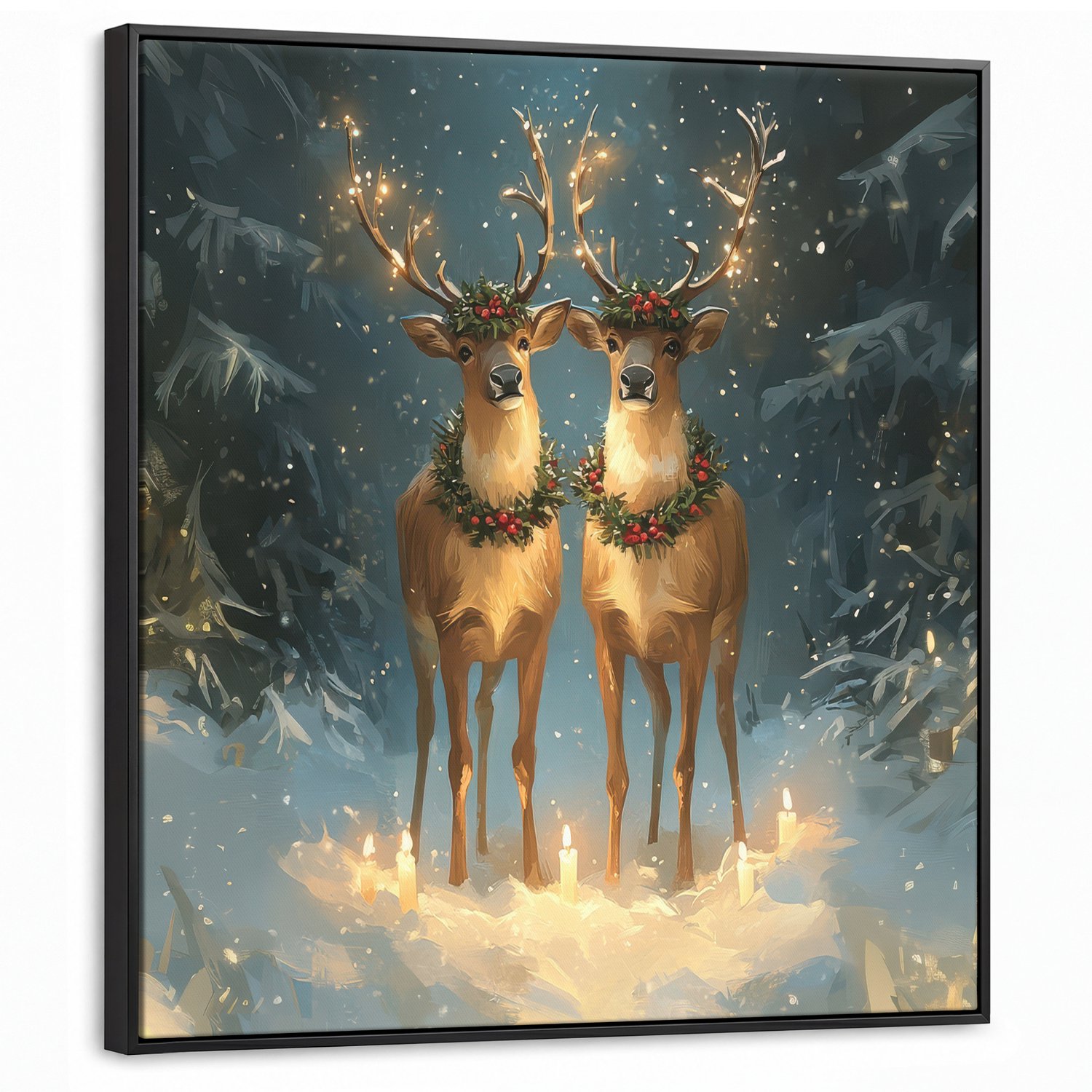 Canvas Schilderij met Baklijst 90x90cm - Dennensprookje - Rendier - Nacht - Muurdecoratie woonkamer - Slaapkamer decoratie - Kamer accessoires - Schilderijen op canvas met lijst