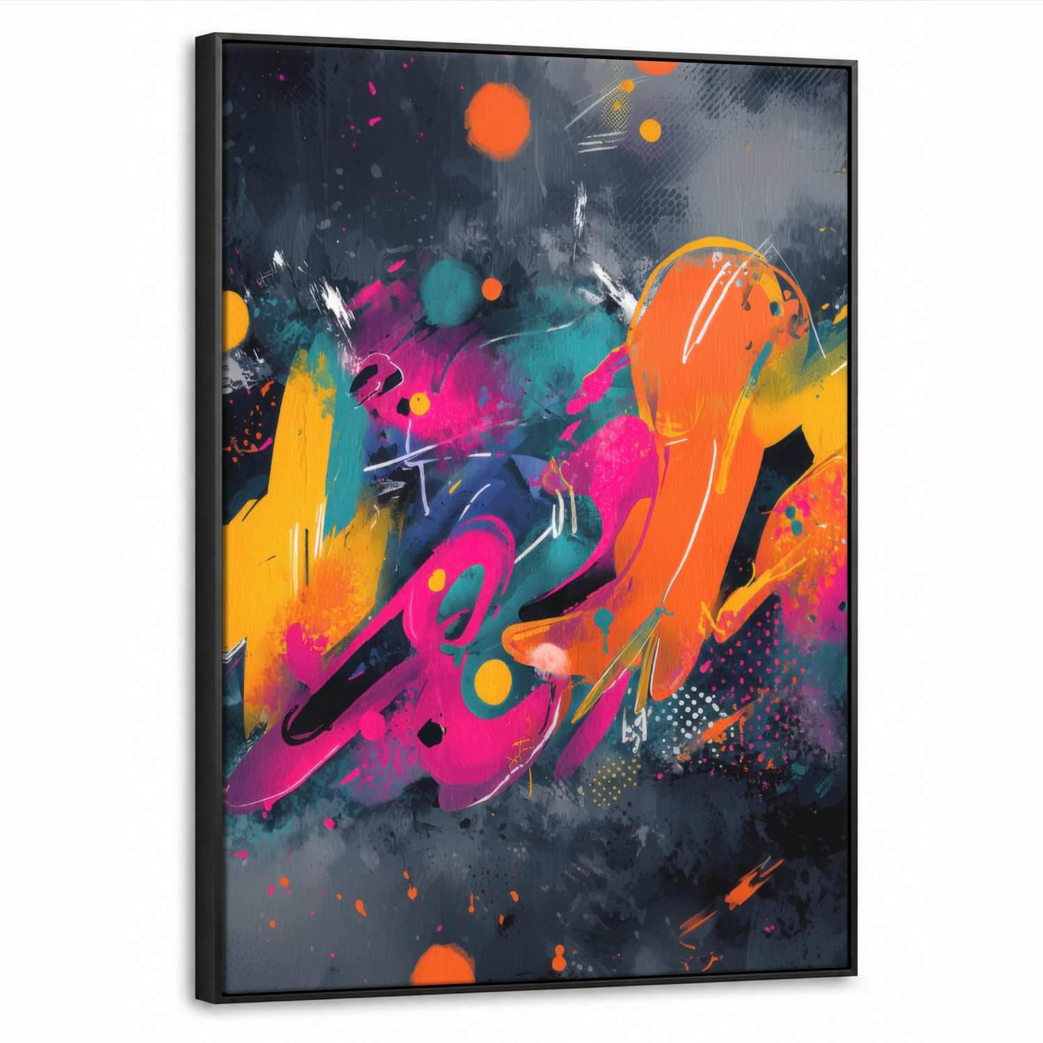 Canvas Schilderij met Baklijst 50x70cm - Abstract - Graffiti - Kleurrijk - Verfspatten - Muurdecoratie woonkamer - Slaapkamer decoratie - Kamer accessoires - Schilderijen op canvas met lijst