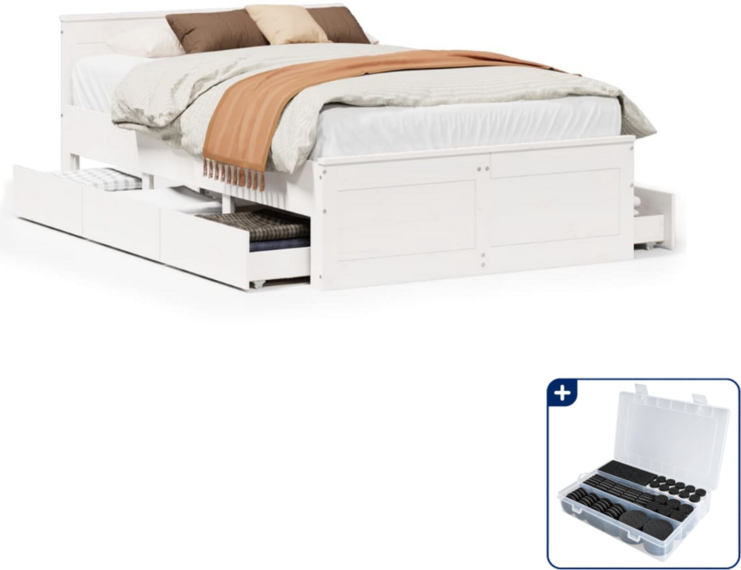 vidaXL Bedframe met hoofdbord en lades - 120 x 200 cm - wit - Inclusief antikrasvilt 177-delig