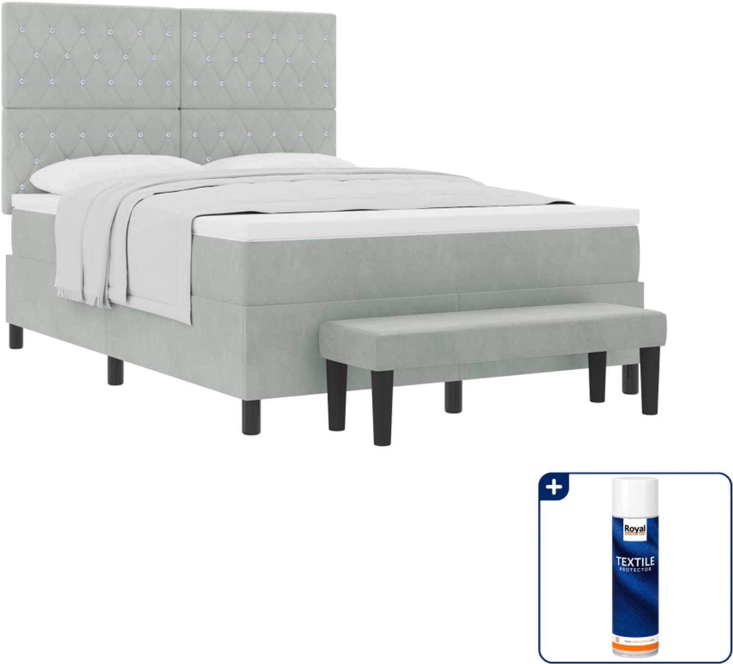 vidaXL boxspring Queensize - 160 x 200 cm - fluweel - lichtgrijs - Inclusief textielbeschermer 500 ml