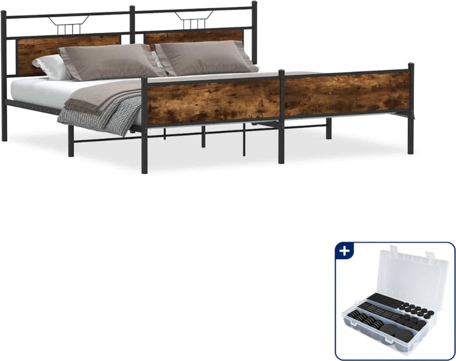 vidaXL bedframe - 193 x 203 cm - staal en bewerkt hout - gerookt eiken - Inclusief antikrasvilt 177-delig Bruin