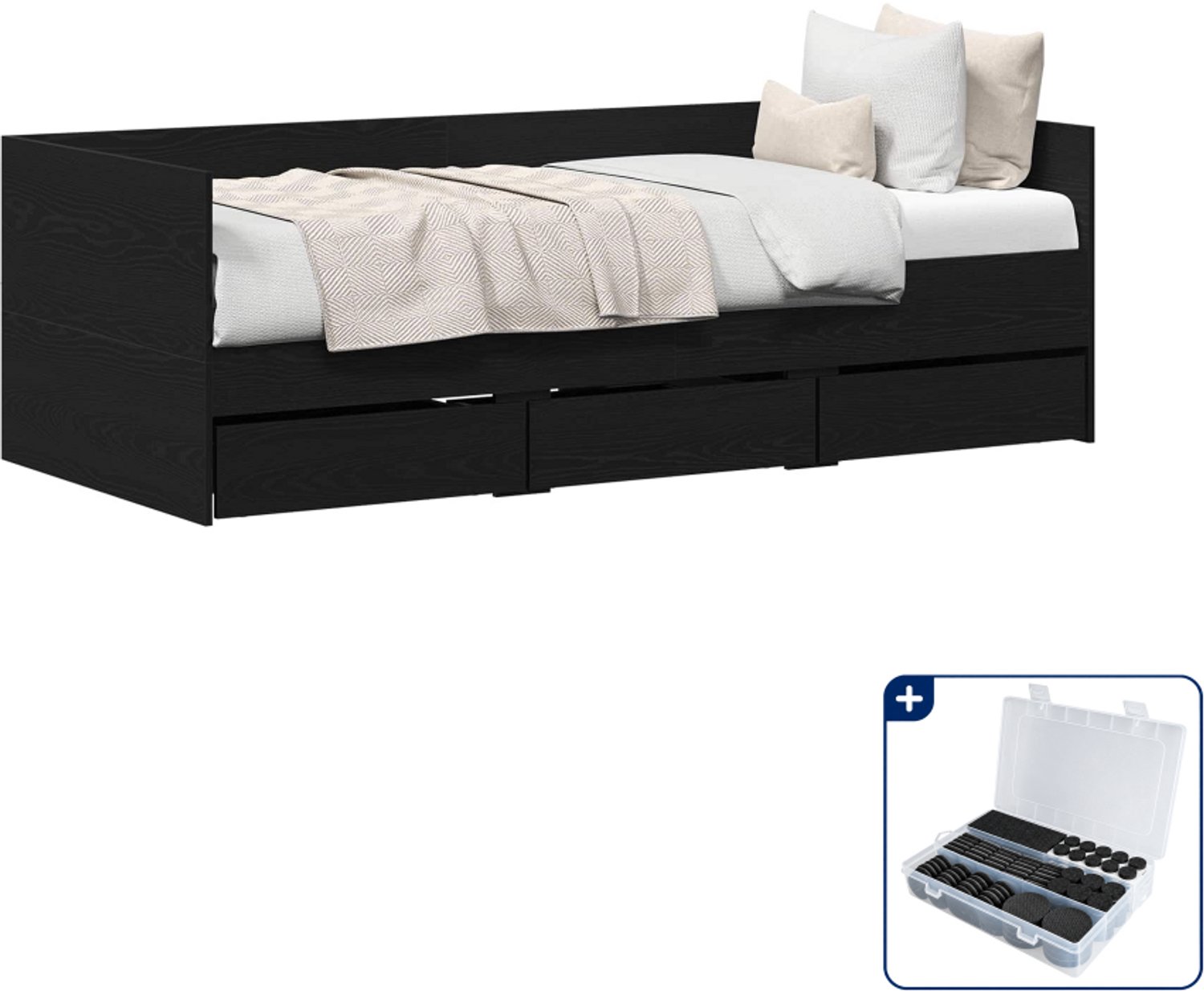 vidaXL dagbed met lade - 90 x 200 cm - bewerkt hout - zwart eiken - Inclusief antikrasvilt 177-delig Crème