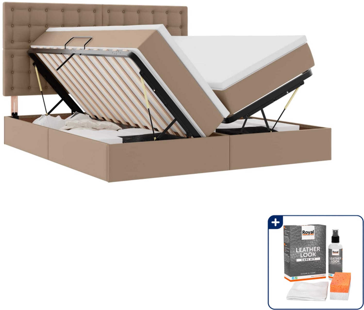 vidaXL Opbergbed - Kingsize - 180 x 200 cm - Cappuccino - Inclusief onderhoudsset voor kunstleer 150 ml Wit