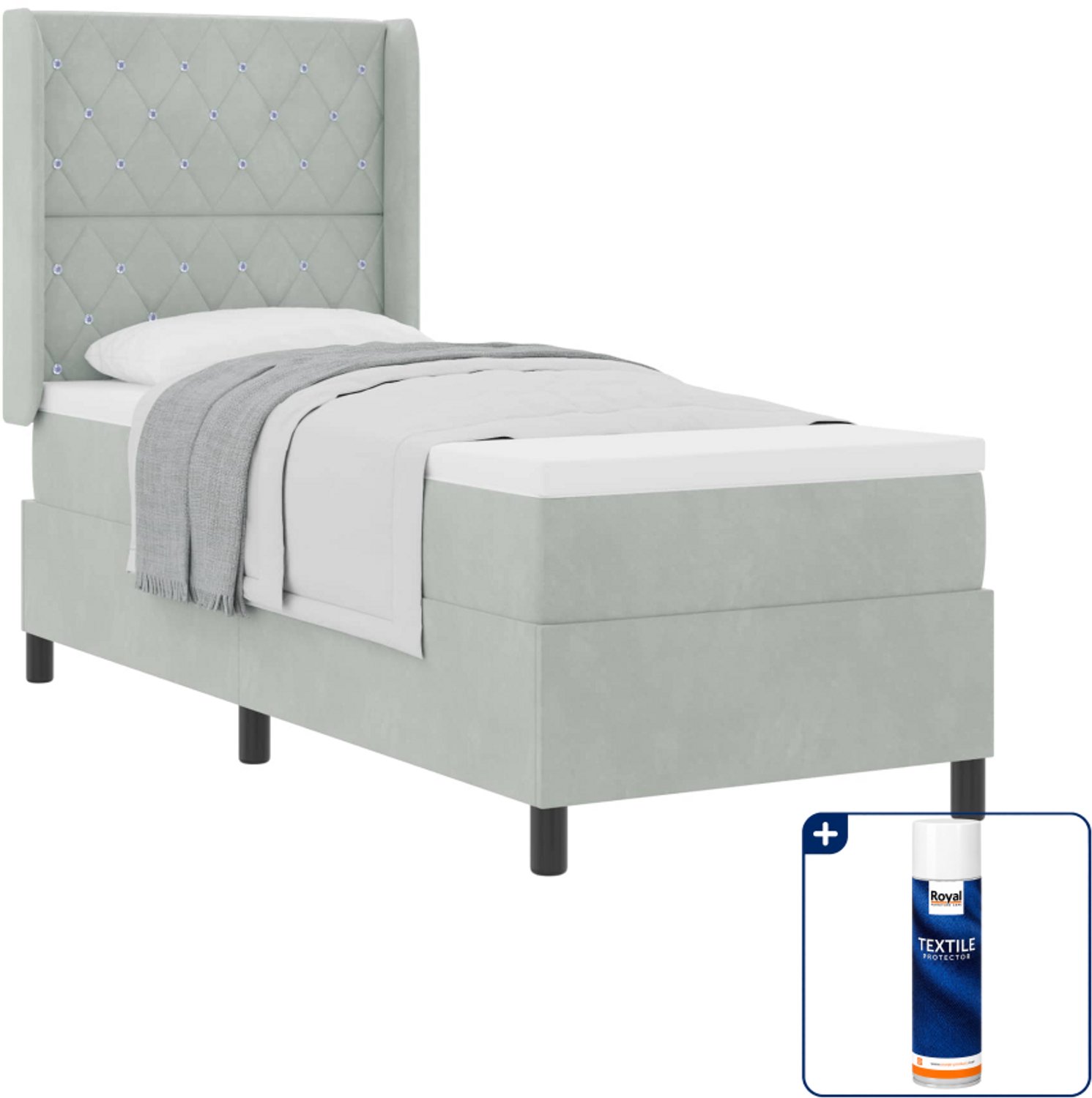 vidaXL boxspringbed - 80 x 200 cm - fluweel - lichtgrijs - Inclusief textielbeschermer 500 ml