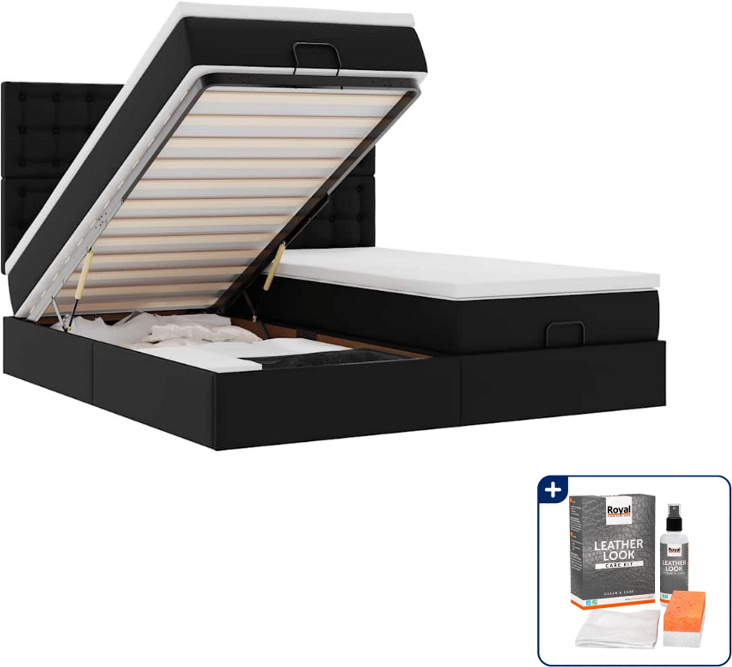 vidaXL Ottoman bed - Queensize - 160x200 cm - kunstleer - zwart - Inclusief onderhoudsset voor kunstleer 150 ml Grijs