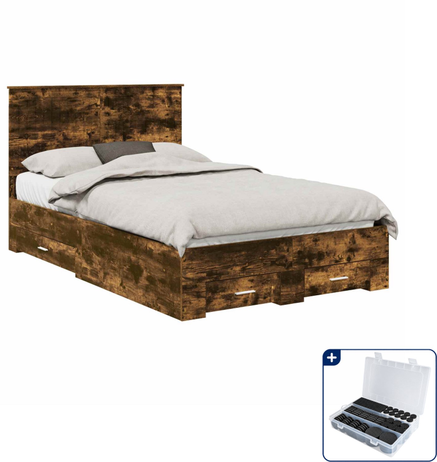 vidaXL Bedframe met lade - 120 x 200 cm - bewerkt hout - gerookt eiken - Inclusief antikrasvilt 177-delig