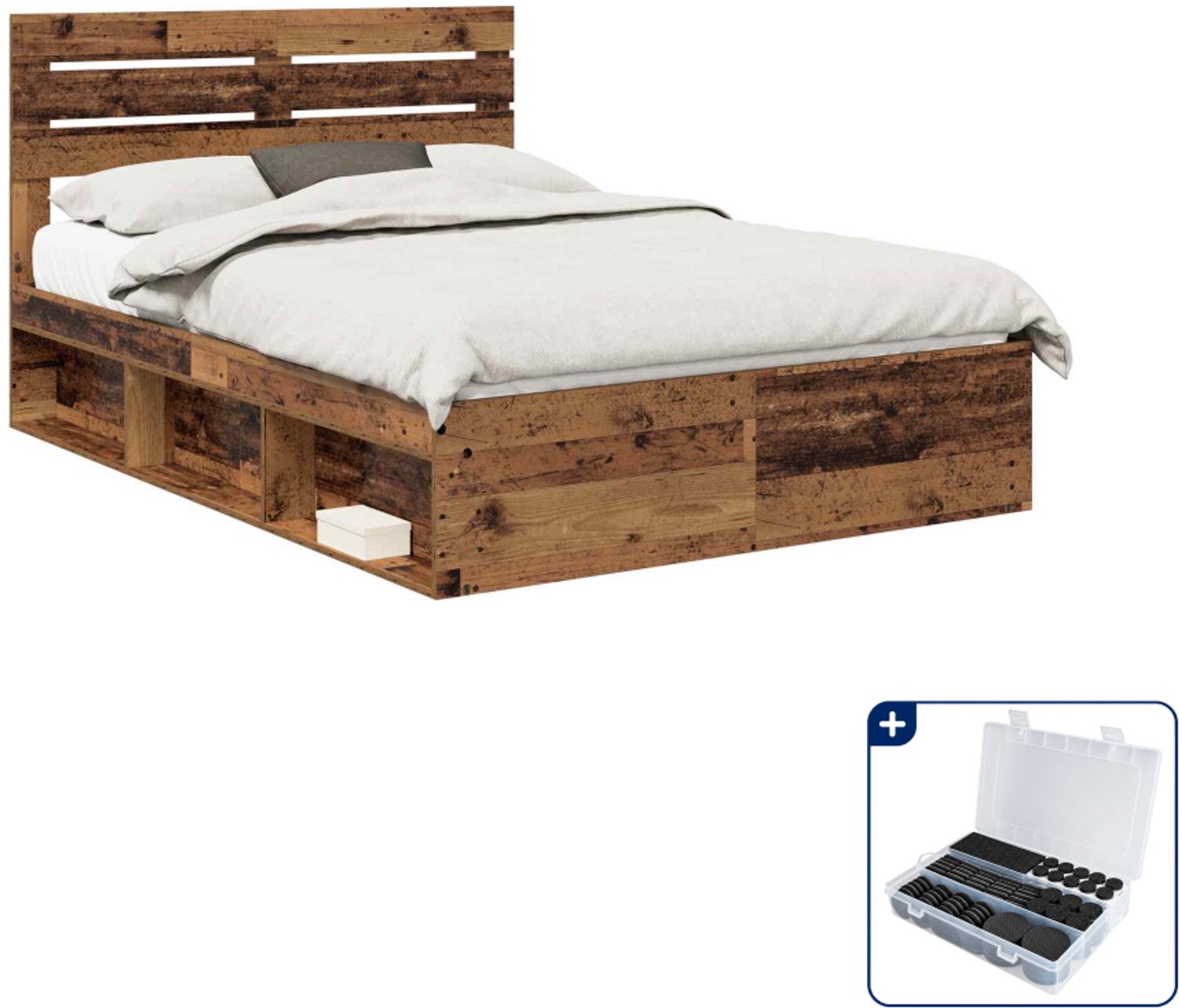 vidaXL bedframe met hoofdeinde 150 x 200 cm - massief grenenhout - oudhout - Inclusief antikrasvilt 177-delig zwart