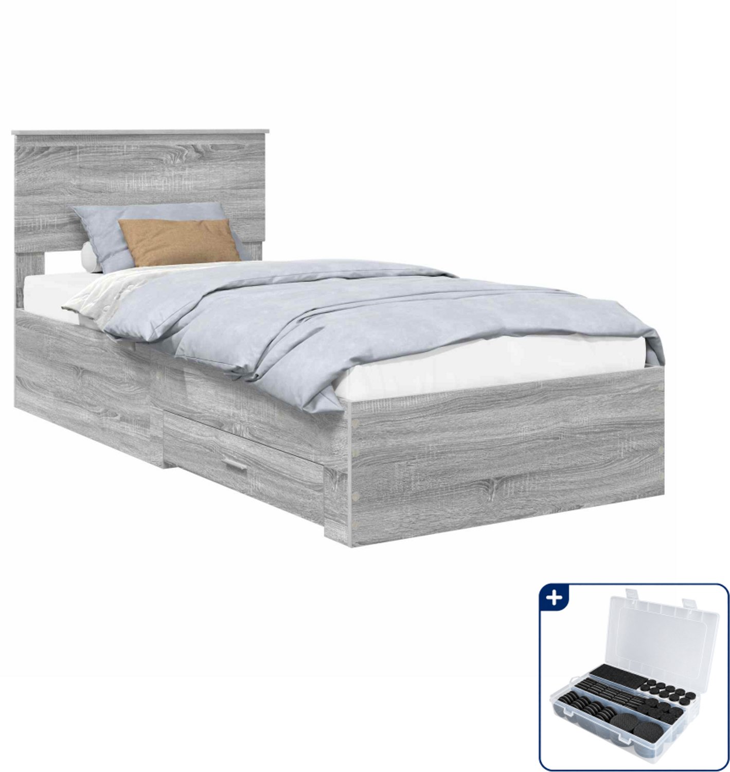 vidaXL bedframe met lade - 90 x 200 cm - bewerkt hout - grijs sonoma - Inclusief antikrasvilt 177-delig Bruin