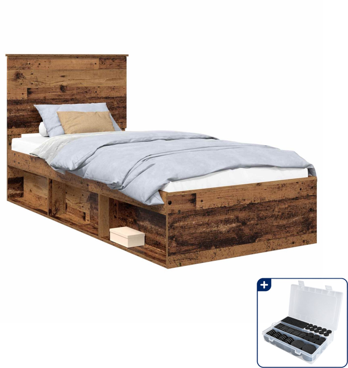 vidaXL bedframe - 90 x 200 cm - bewerkt hout en grenenhout - oudhout - Inclusief antikrasvilt 177-delig Grijs