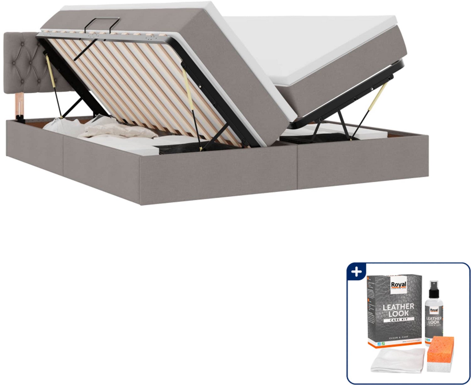 vidaXL Kingsize opbergbed met hoofdeinde - 180 x 200 cm - taupe - Inclusief onderhoudsset voor kunstleer 150 ml Crème