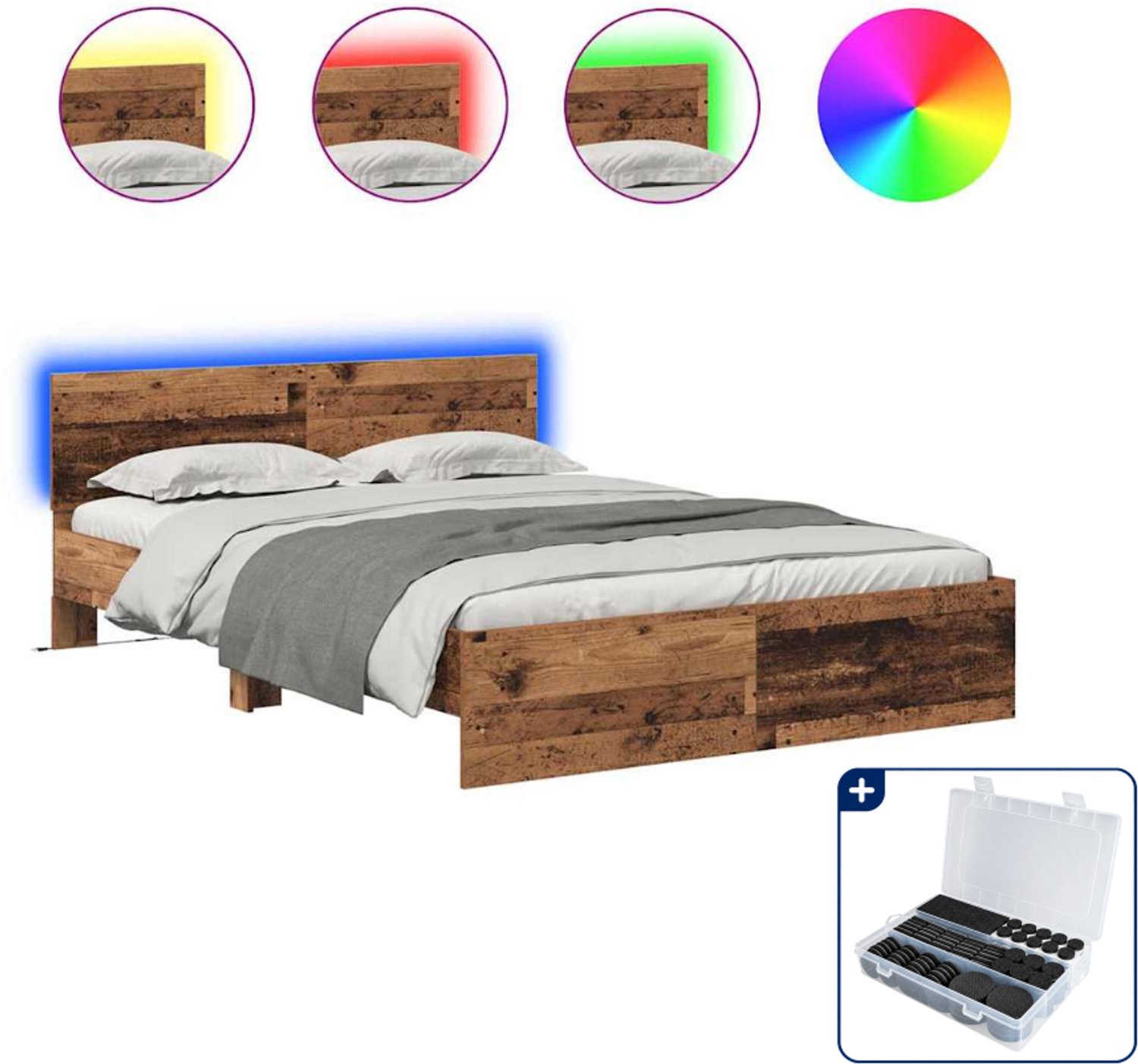 vidaXL bedframe met led - 140 x 190 cm - bewerkt hout - oud hout - Inclusief antikrasvilt 177-delig Bruin