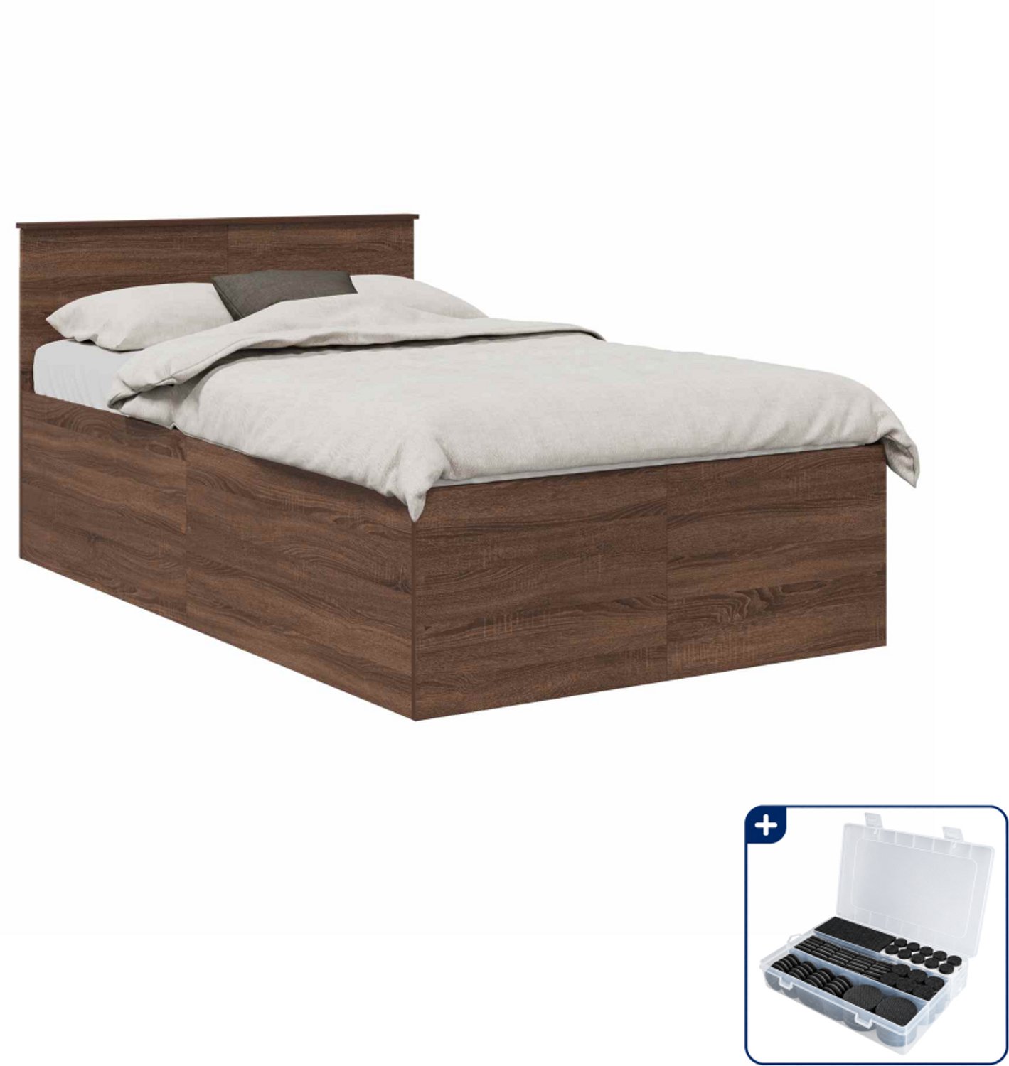 vidaXL bedframe - 135 x 190 cm - bewerkt hout - bruin eiken - Inclusief antikrasvilt 177-delig