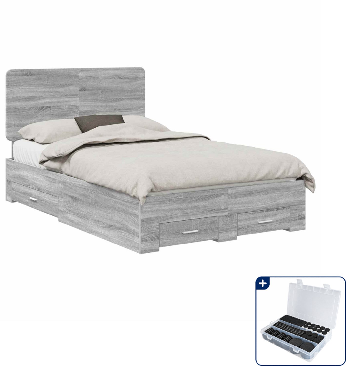 vidaXL bedframe met lade - 135 x 190 cm - bewerkt hout - grijs sonoma - Inclusief antikrasvilt 177-delig