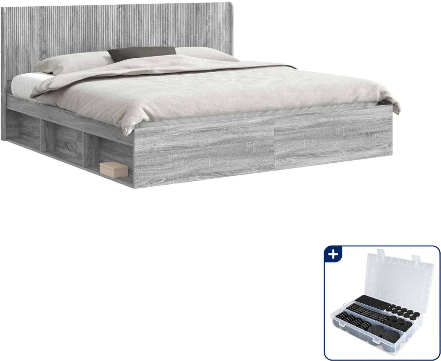 vidaXL Bedframe - Kingsize - 180 x 200 cm - bewerkt hout - grijs sonoma - Inclusief antikrasvilt 177-delig