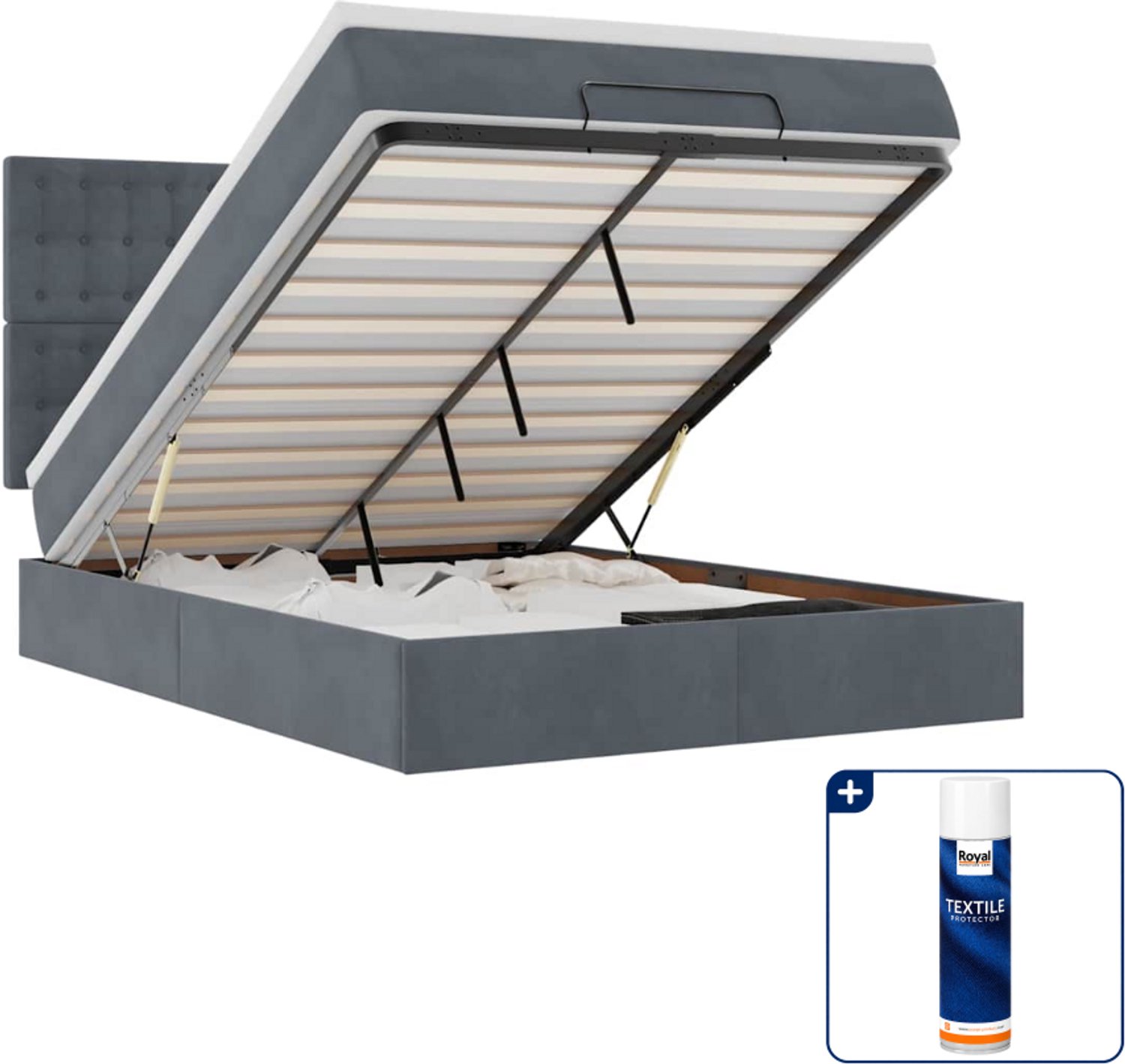 vidaXL Small double ottoman bed met matrassen en LED - donkergrijs - Inclusief textielbeschermer 500 ml