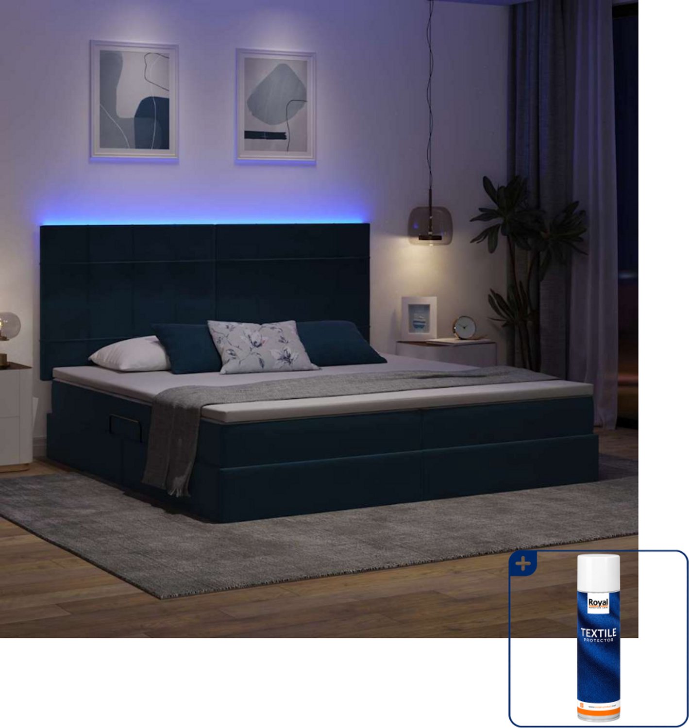 vidaXL opslagbed met matras - 200 x 200 cm - fluweel - donkerblauw - Inclusief textielbeschermer 500 ml Grijs