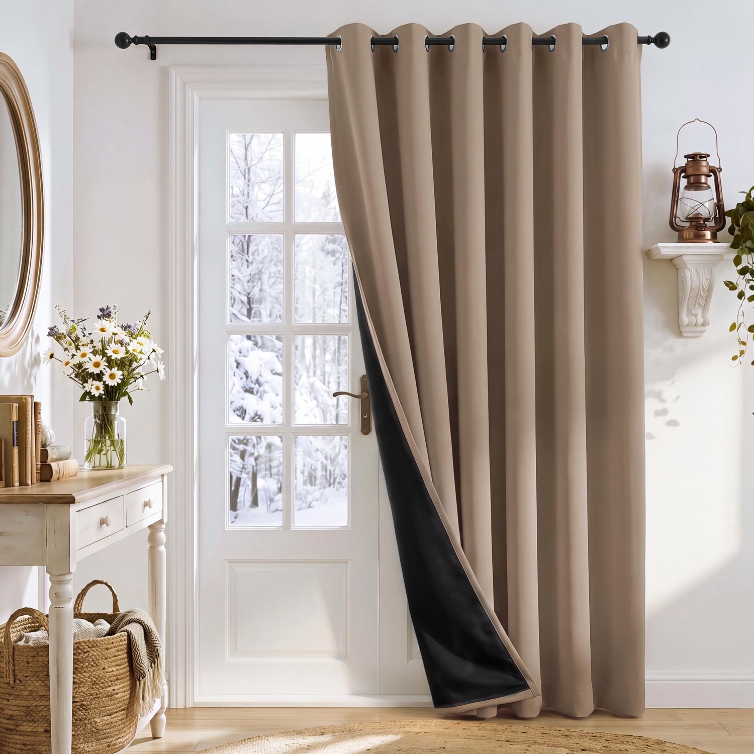 Famanu Volledige verduisteringsgordijnen van 100% polyester, 200x245 cm, cappuccino, ideaal voor warmte- koude-isolatie, 1 stuk, perfect voor slaapkamers en woonkamers