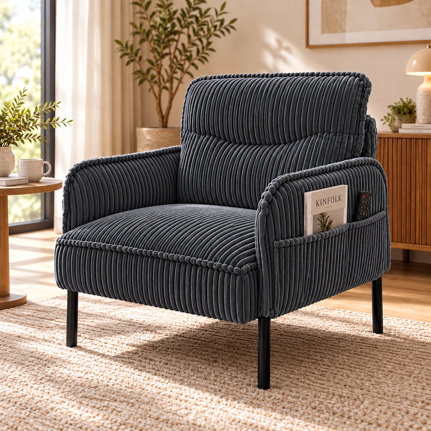 MIVRAY Fauteuil 69 x 73 x 83 cm - Eenpersoons met Zijzakken en Hoge Rugleuning - Voor Woonkamer en Slaapkamer - Ribfluweel - Grijs