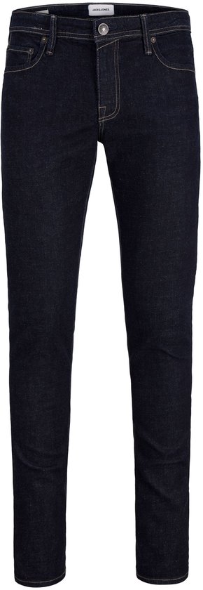 Donkerblauwe spijkerbroek, voorkant. Met beige stiksels en knoopsluiting.