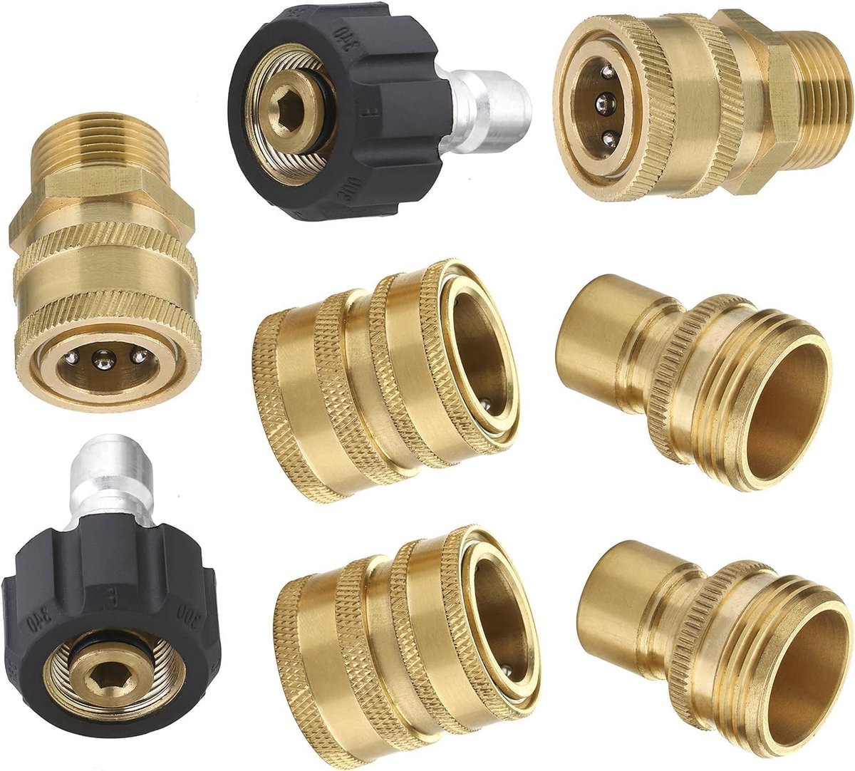 Accessoires geschikt voor hogedrukreinigers, snelkoppelset geschikt voor hogedrukslang, verbindt spuitpistool, lans en slang, M22 3/8" snelkoppeling 3/4" snelkoppeling, 8 stuks
