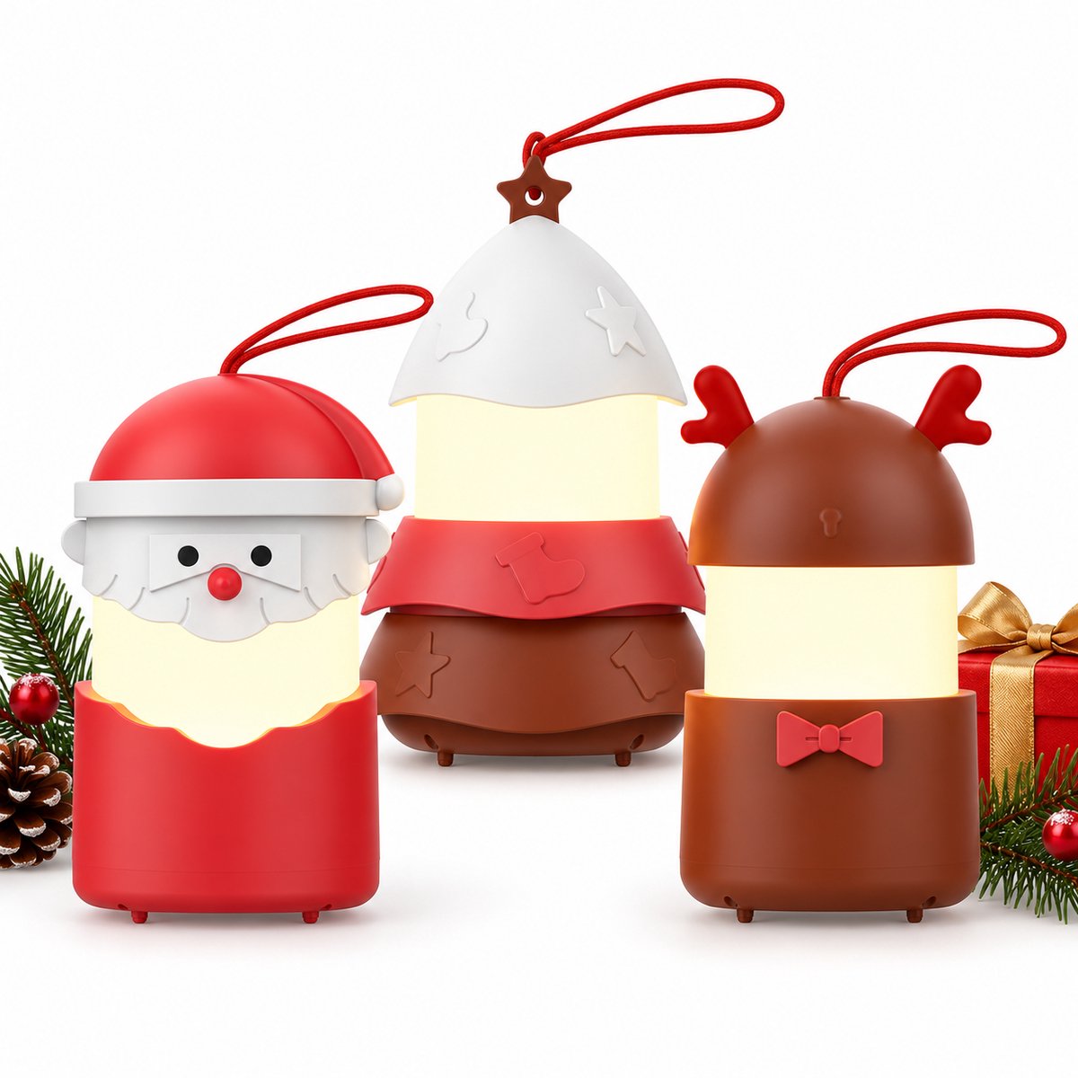 3-Delige setKerst nachtlamp - LED verlichting met 7 kleurstanden en muziek - Kerstman, rendier en kerstboomdecoratie - Sfeerlamp voor kinderkamer en kerstfeest - Kerstmis