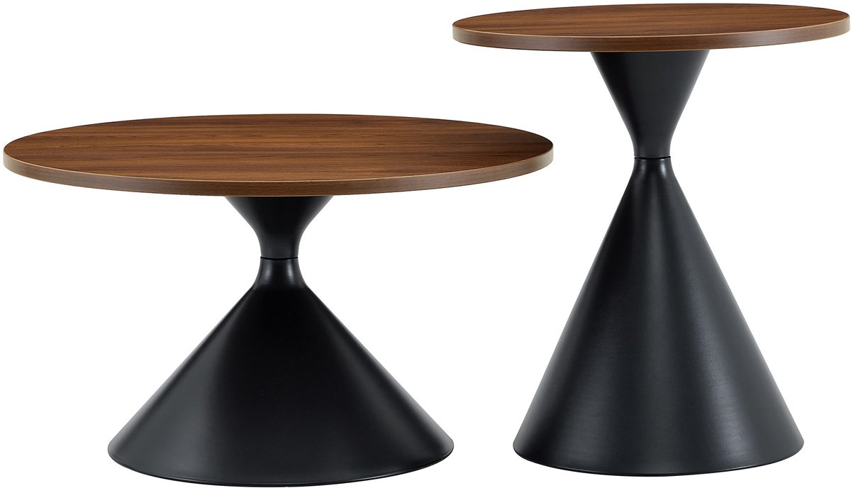 Ropilly Salontafel Set van 2 - Inschuifbaar - Walnoot Look & Zwart Metaal - Woonkamer - Walnoot/Zwart Notenhout + zwart