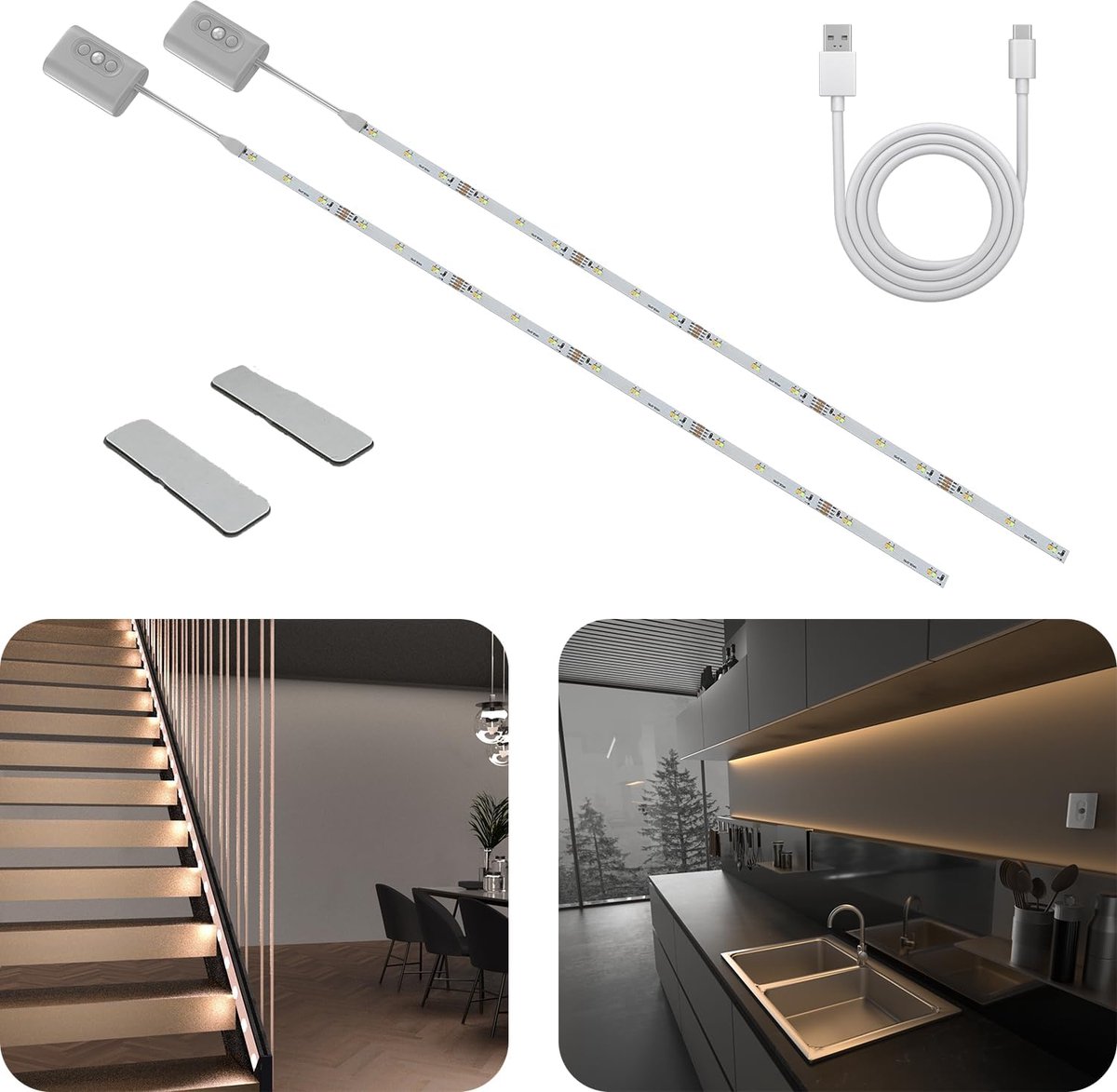 2m oplaadbare LED strip 2000mAh met sensor en 3 kleurtemperaturen | 2 stuks flexibele batterij LED strip, geschikt voor trappen, keukenkasten en indirecte sfeerverlichting