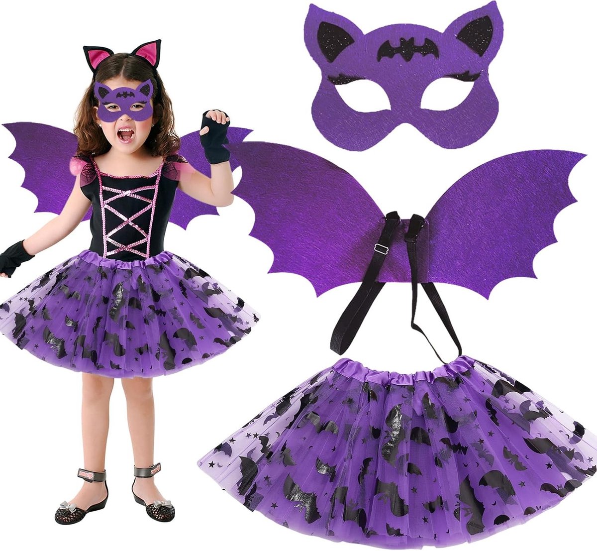 Schattig Halloween Kostuum voor Kinderen met Vampire Bat Wings en Tutu, Perfect voor Feestjes en Cosplay