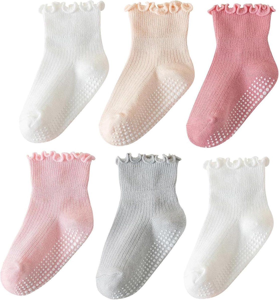 6 Paar Meisjessokken Antislip Sokken met ruches Ademend Crew Sokken voor Baby Meisjes 0-5 Jaar