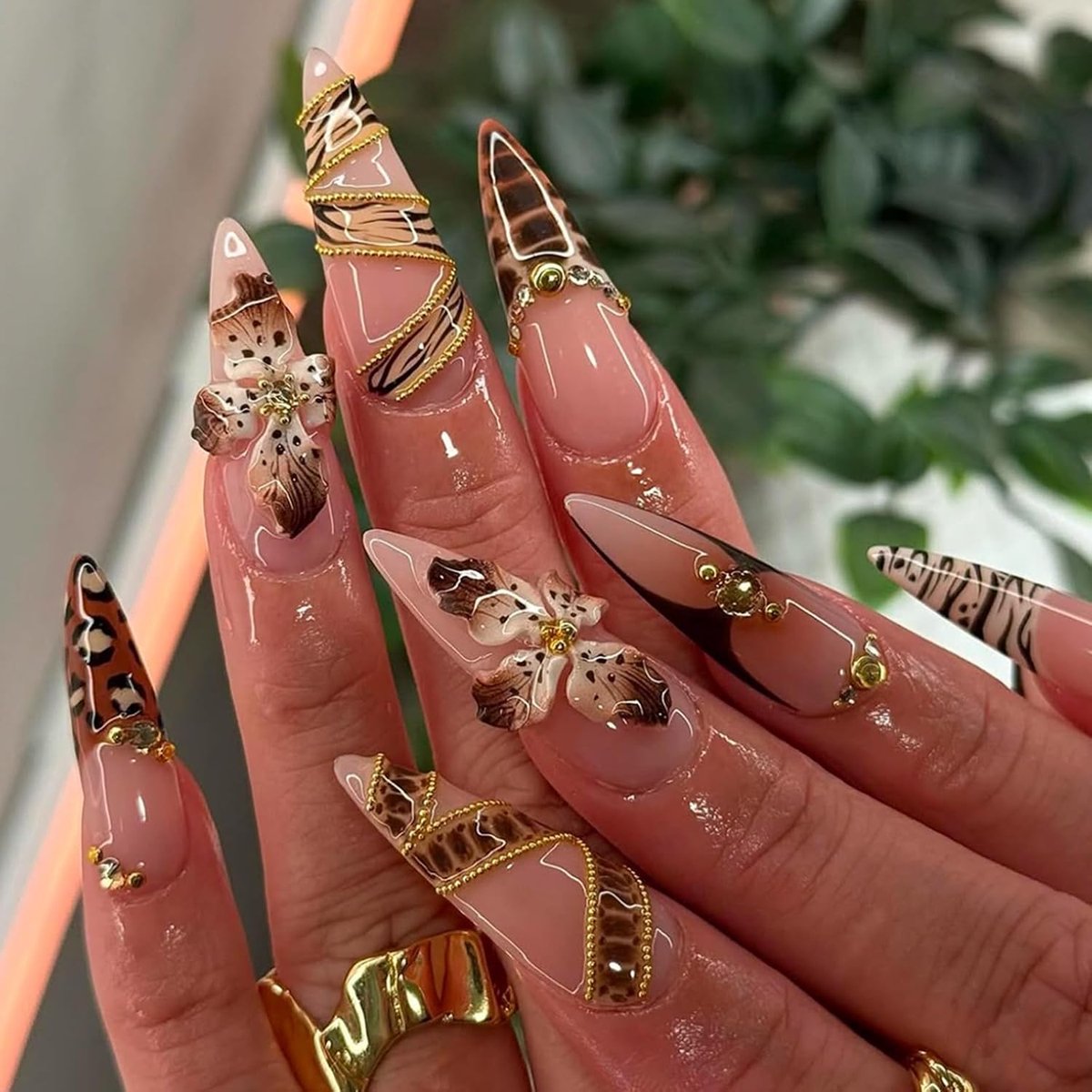 24 stuks press-on nagels, stiletto, lange Maillard kleur, Franse nagels om op te plakken, 3D luipaardpatroon, bloemen, kunstnagels, elegante vingernagels om op te plakken, voor vrouwen en