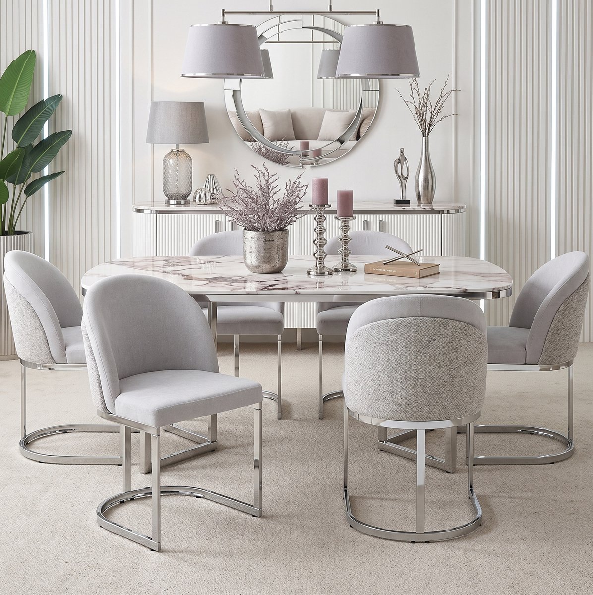 MODENUIT Eetkamerstoel - Set Van 4 - Dubbele Rugleuning - Voor Eetkamer En Woonkamer - Chenille Lichtgrijs Zilver