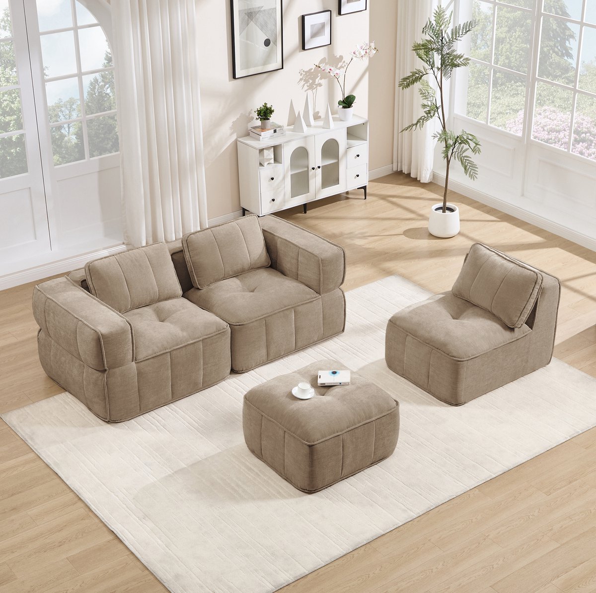 MODENUIT Hoekbank 271 x 162 cm - Modulaire 3-Zits Met Hocker En Diepe Zitting - Woonkamer - Polyester - Zand Sand