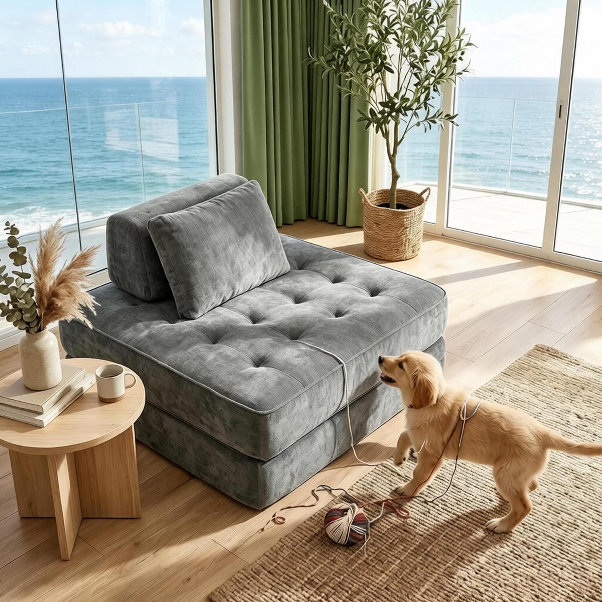 REDOM Slaapbank - 2-in-1 - Eenpersoons - Opvouwbaar - Dikke schuimvulling - Chenille - Polyester - Incl. kussen - Grijs - 97 x 97 x 70 cm