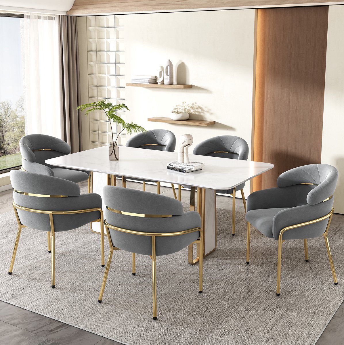 MODENUIT Eetkamerstoel 54 x 57 x 79 cm - Set Van 6 Met Armleuningen - Voor Eetkamer - Velvet Grijs