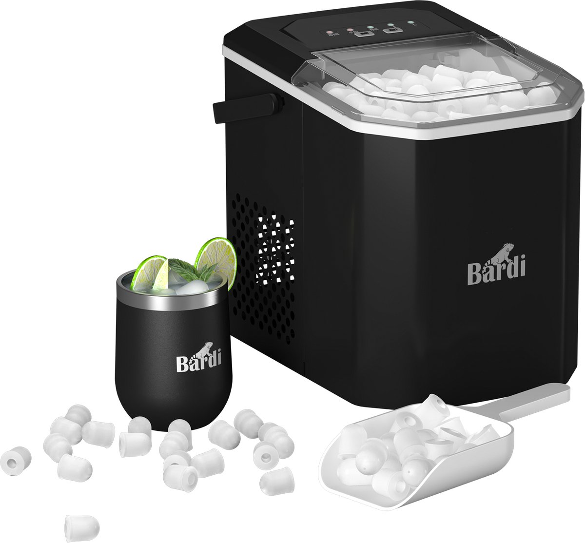 Bardi 1.3L Deluxe IJsblokjesmachine Square – IJsblokmaker Inclusief Luxe Thermosbeker en IJsschep – 9 Blokjes in 8 Minuten – ZWART