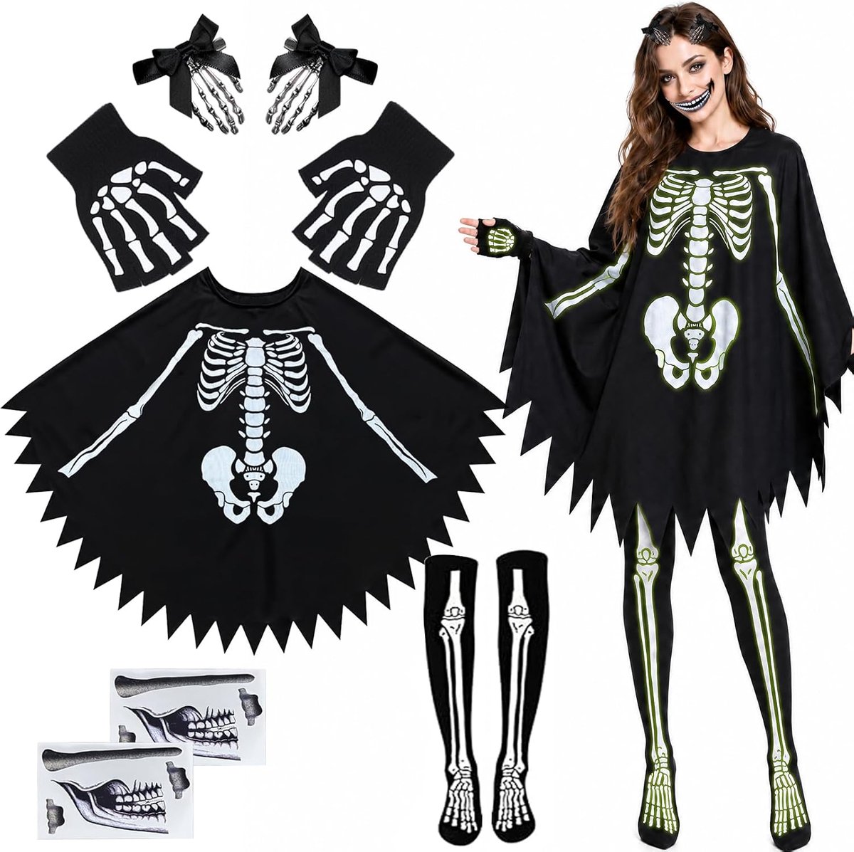 Halloween skeletkostuum dames, Halloween kostuum dames skelet poncho